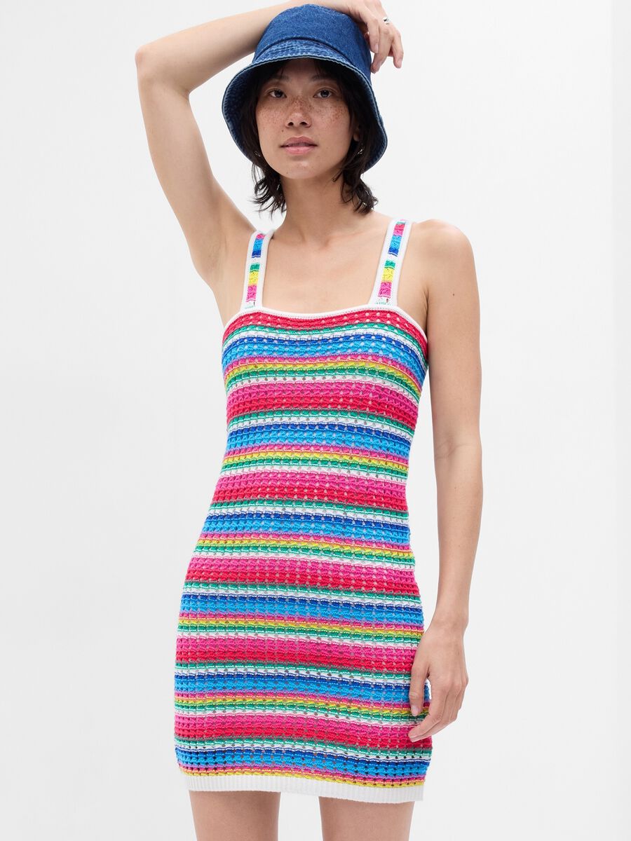Short crochet dress with multicoloured stripes Woman_0