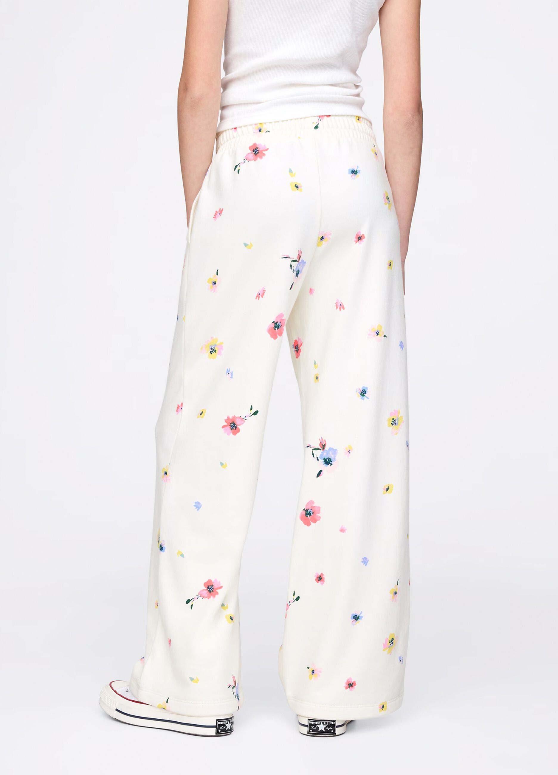 Joggers bianchi a gamba larga con stampa fiori_2