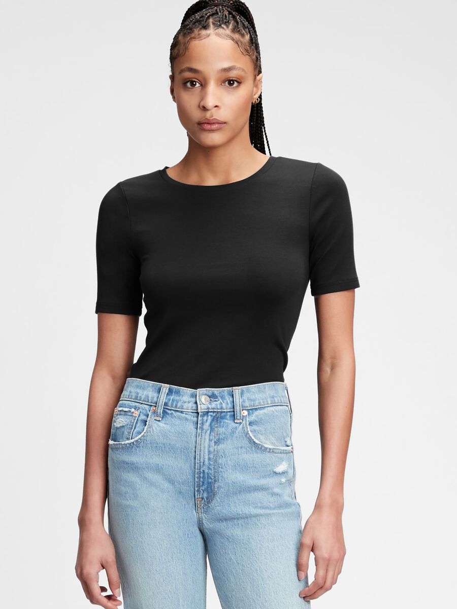 Round-neck t-shirt in stretch cotton and modal Woman_0