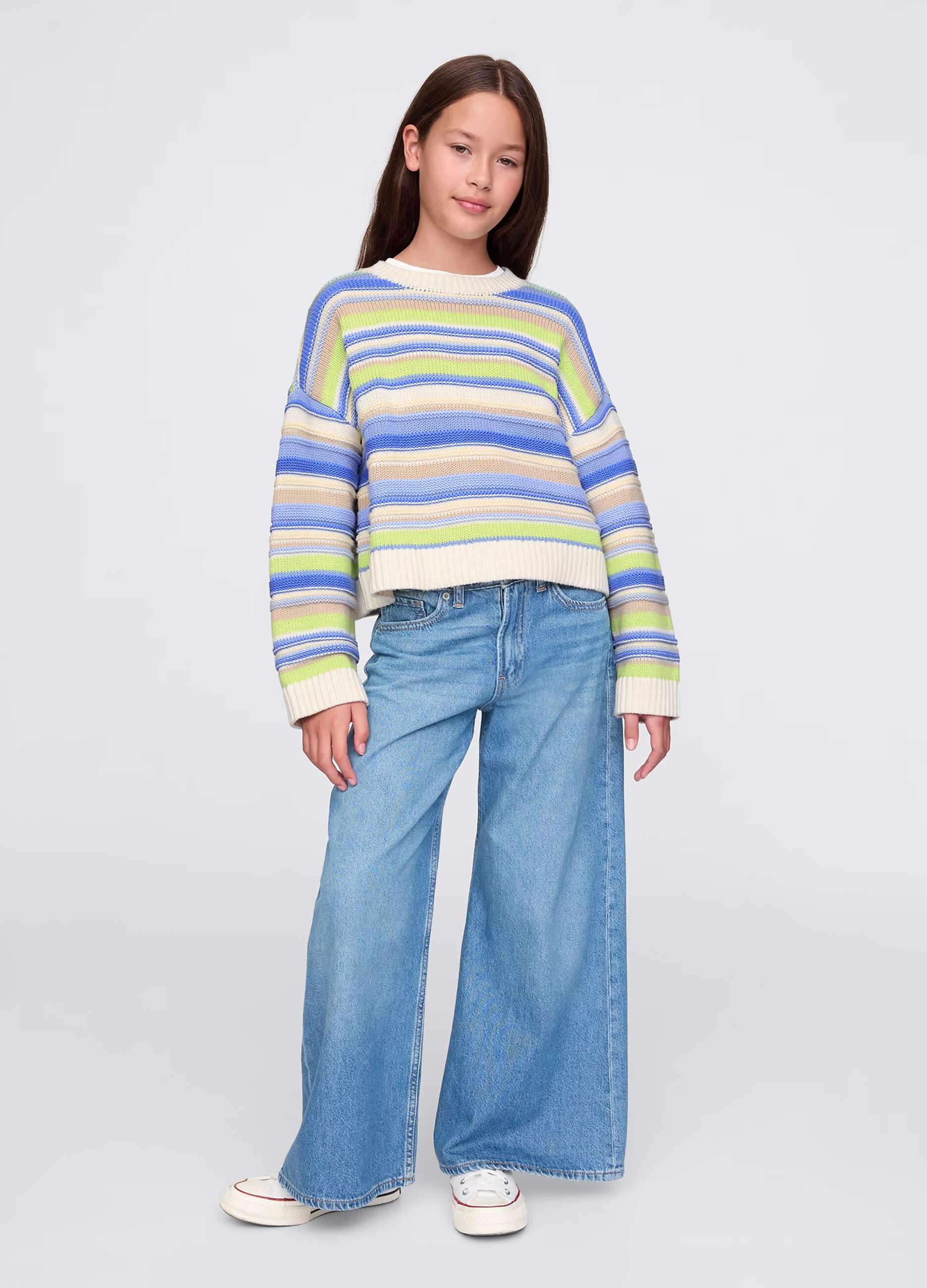 Pullover verde e azzurro in cotone a righe_1