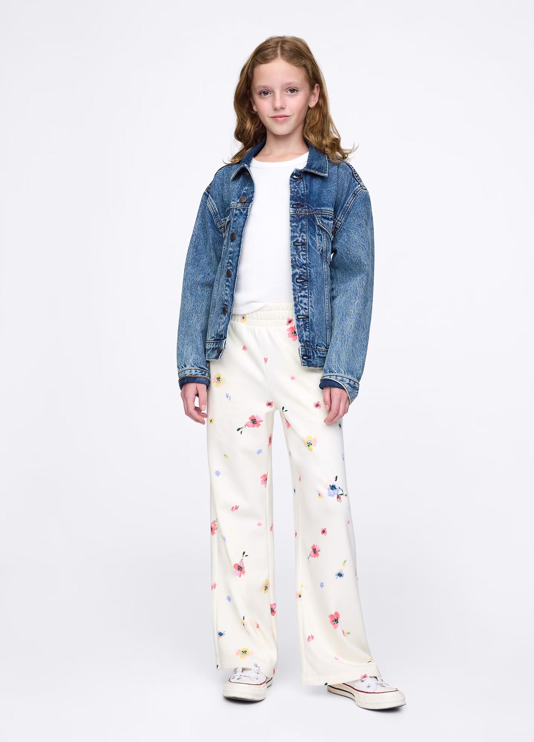 Joggers bianchi a gamba larga con stampa fiori