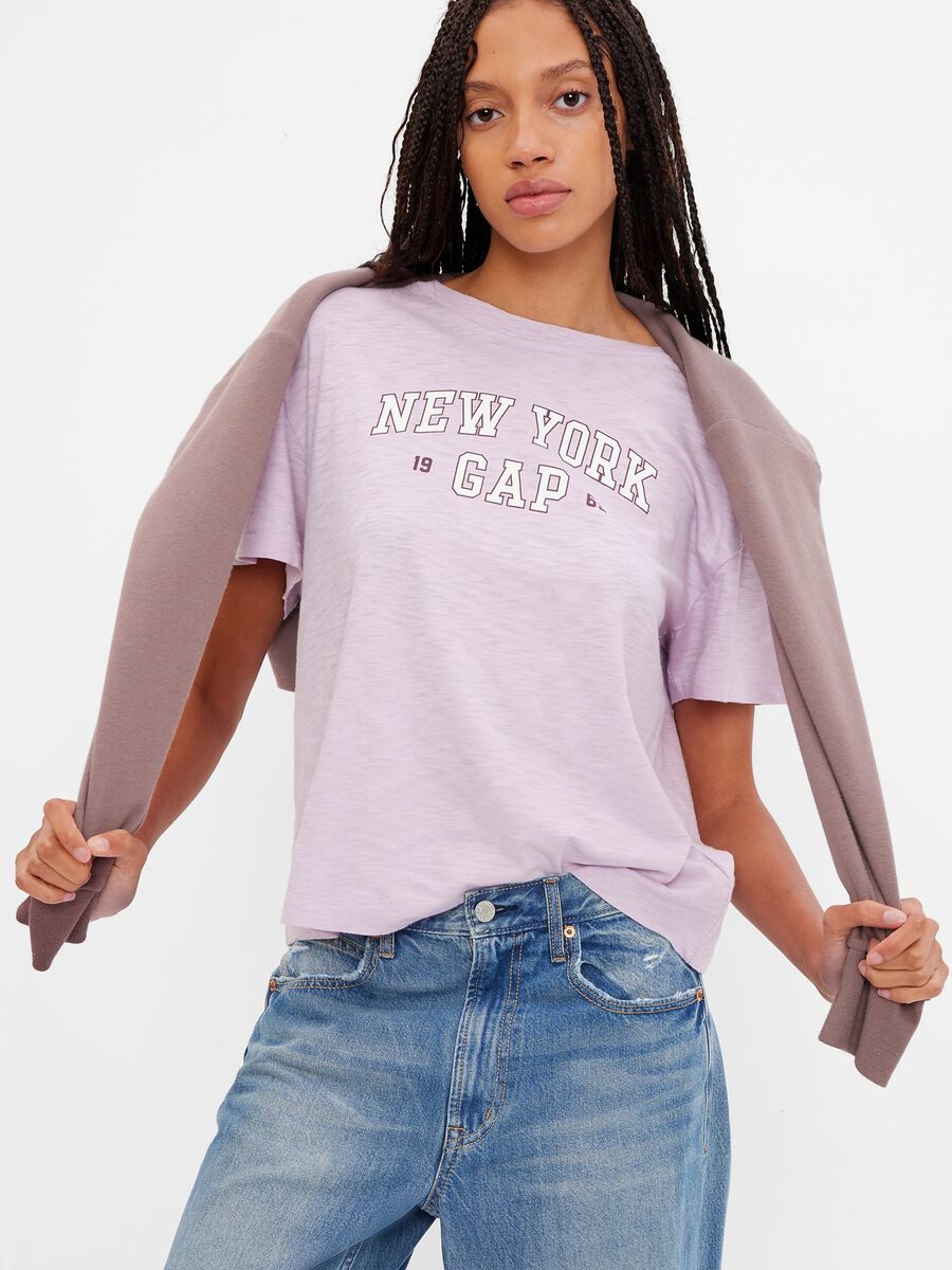 T-shirt in cotone slub con stampa Donna_0