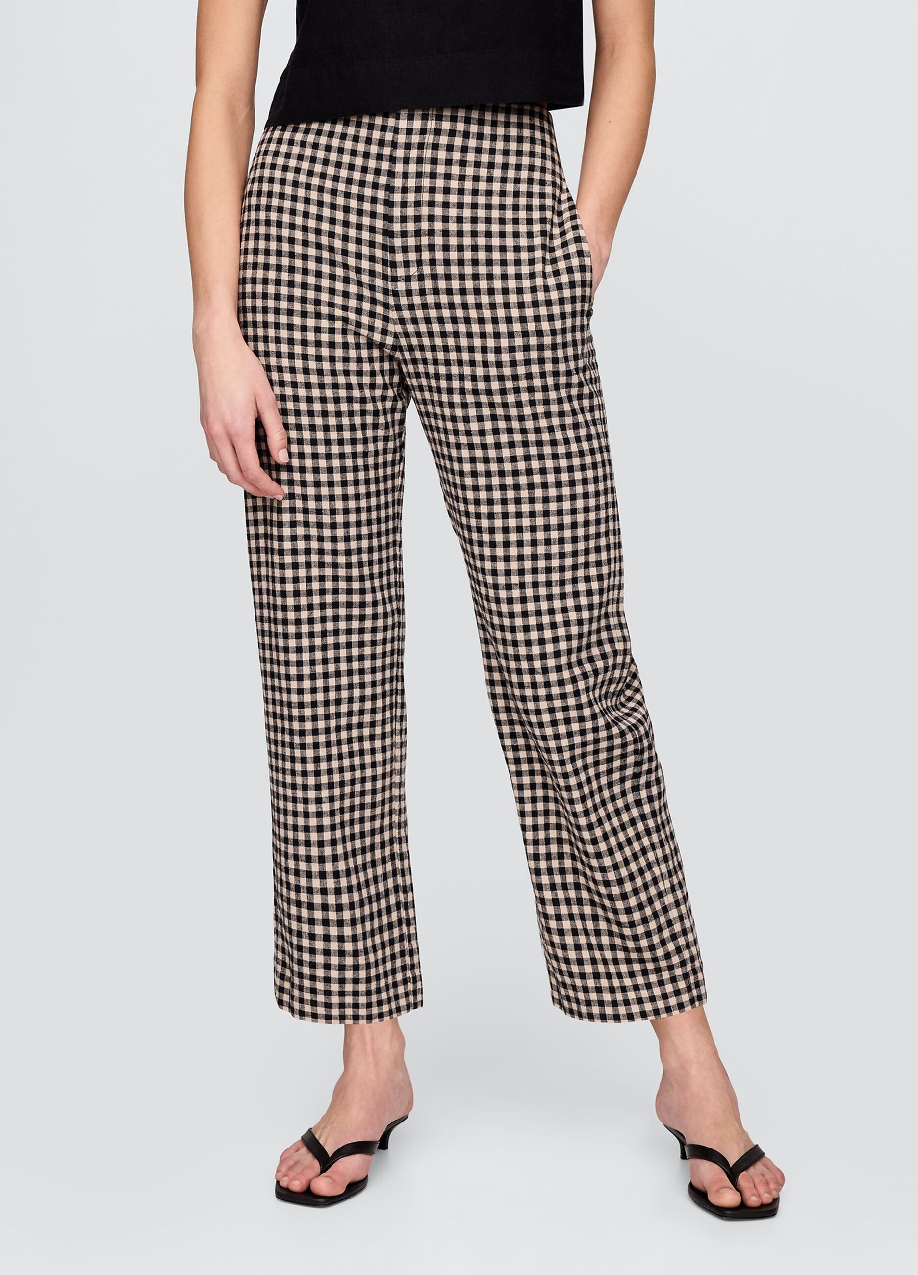 Pantaloni a quadri marrone e nero in lino e viscosa_1