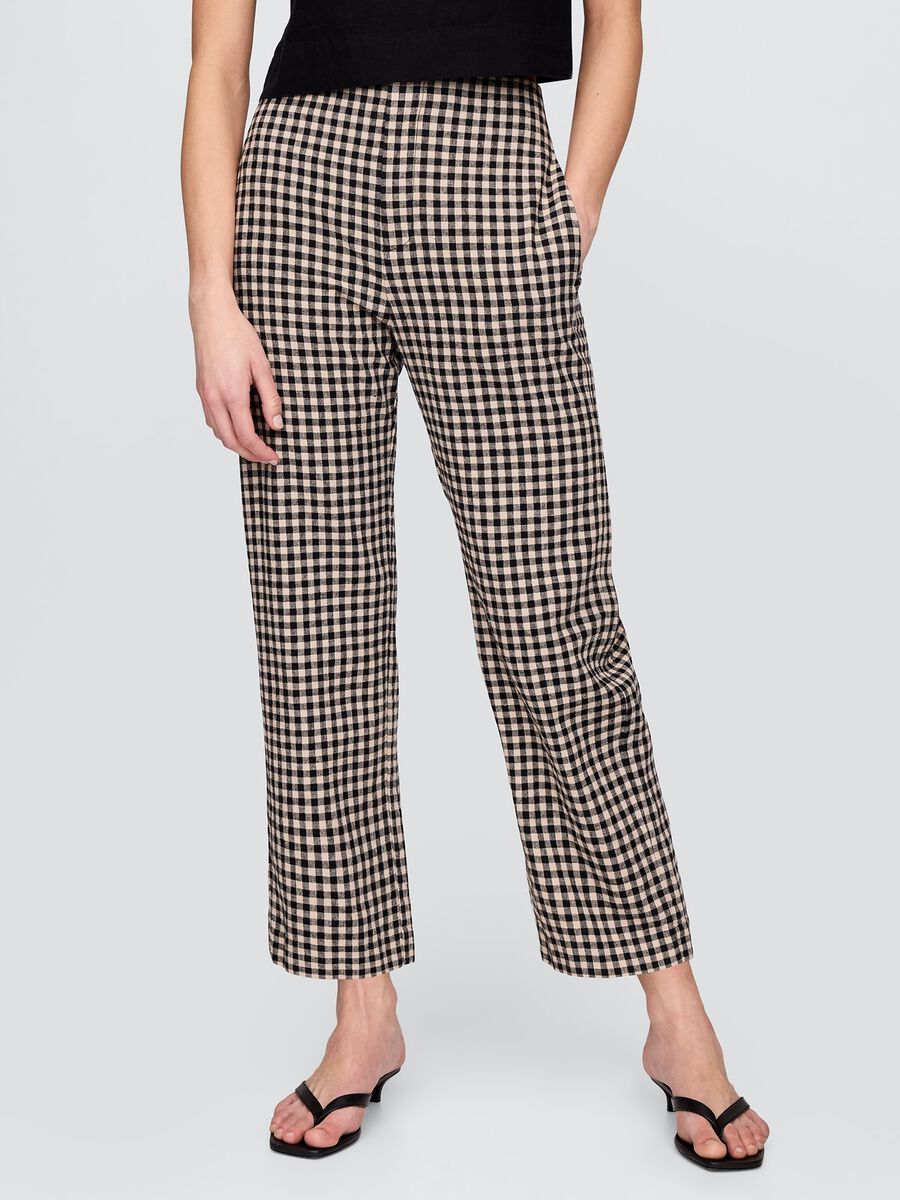 Pantaloni a quadri marrone e nero in lino e viscosa Donna_1