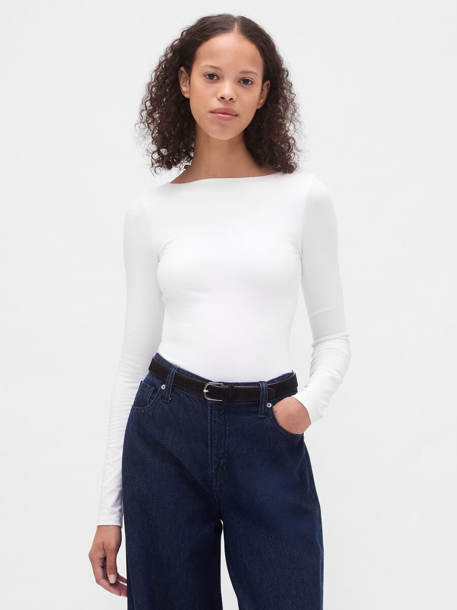Maglia bianca elasticizzata a maniche lunghe Donna_1