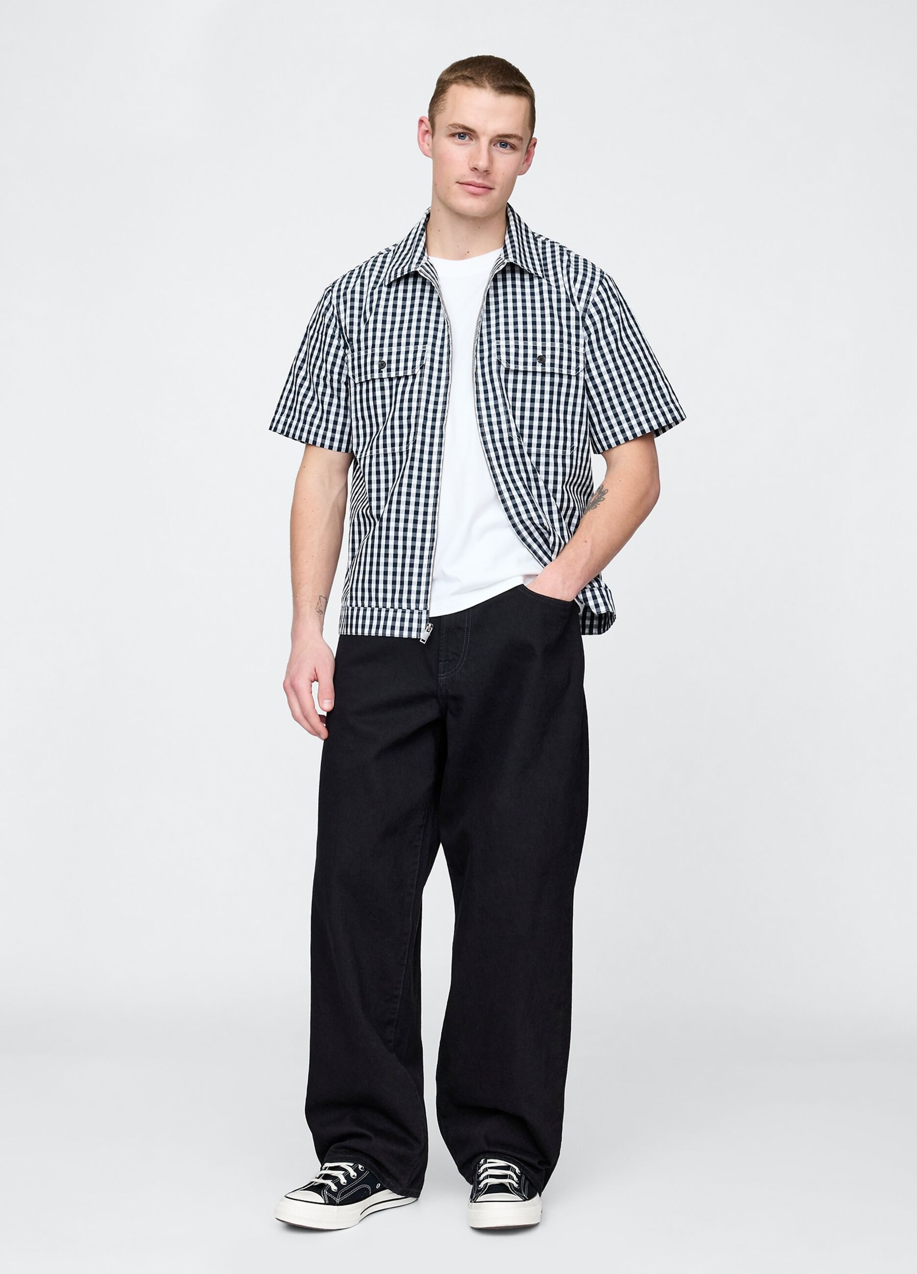 Camicia a quadri blu e bianco a maniche corte_1