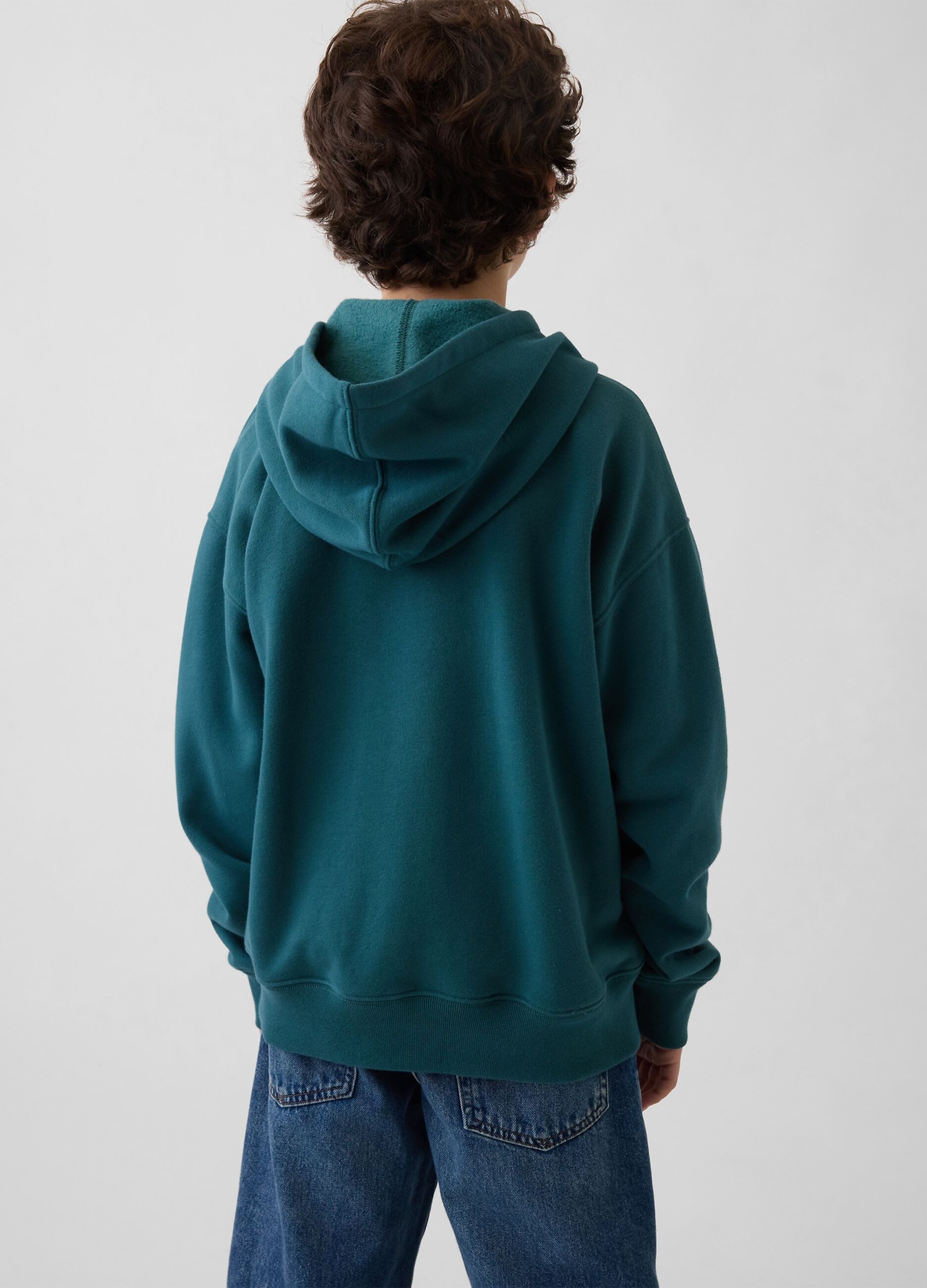 Felpa in misto cotone verde da bambino con logo, zip e cappuccio