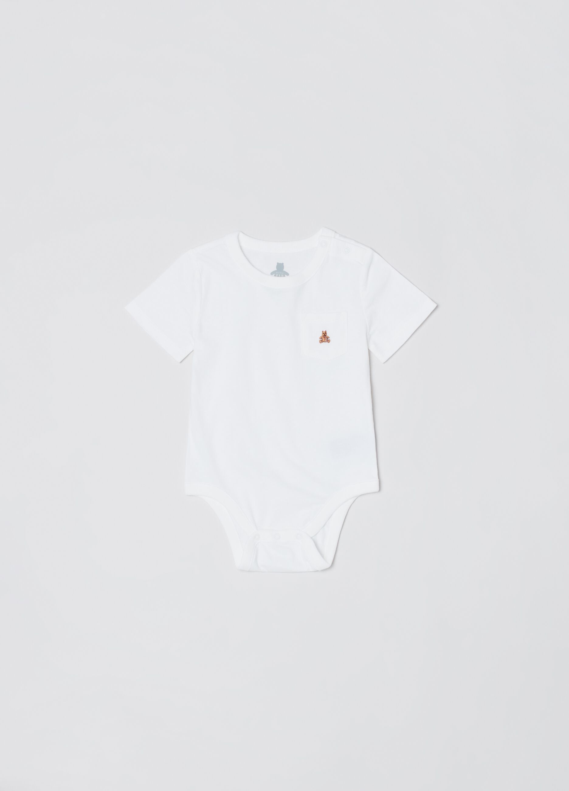 Cotton bodysuit with pocket and embroidered bear