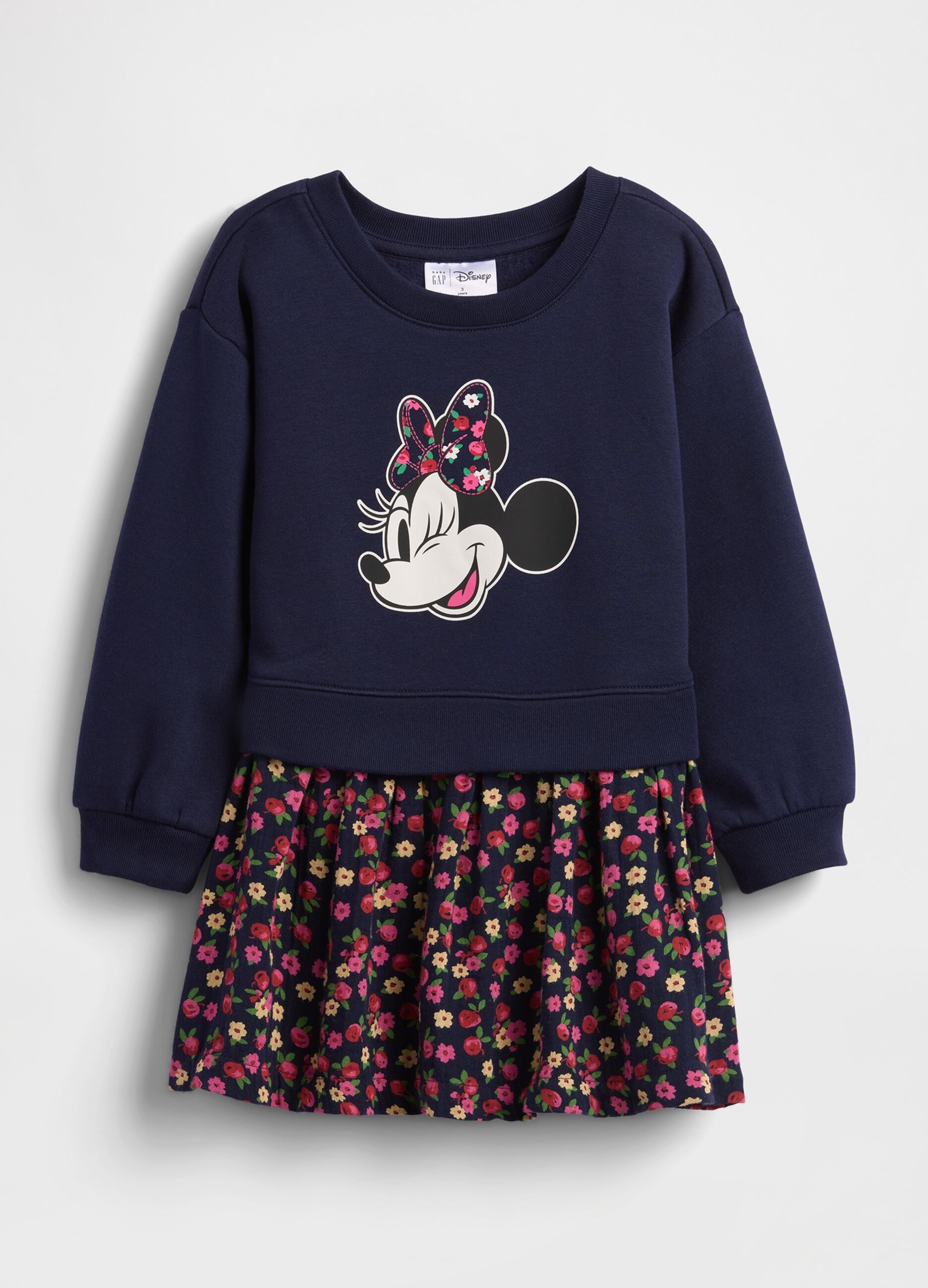 Vestito blu con stampa Minnie e gonna floreale_1