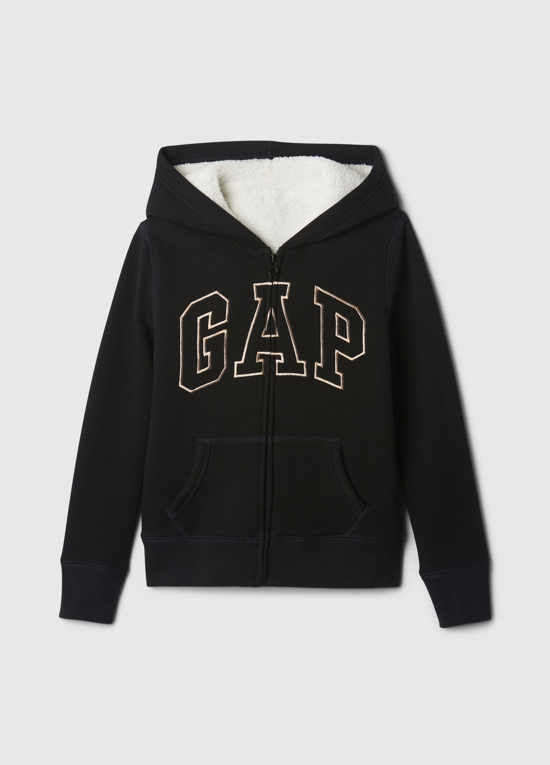 Full-zip sweatshirt and hood with sherpa lining