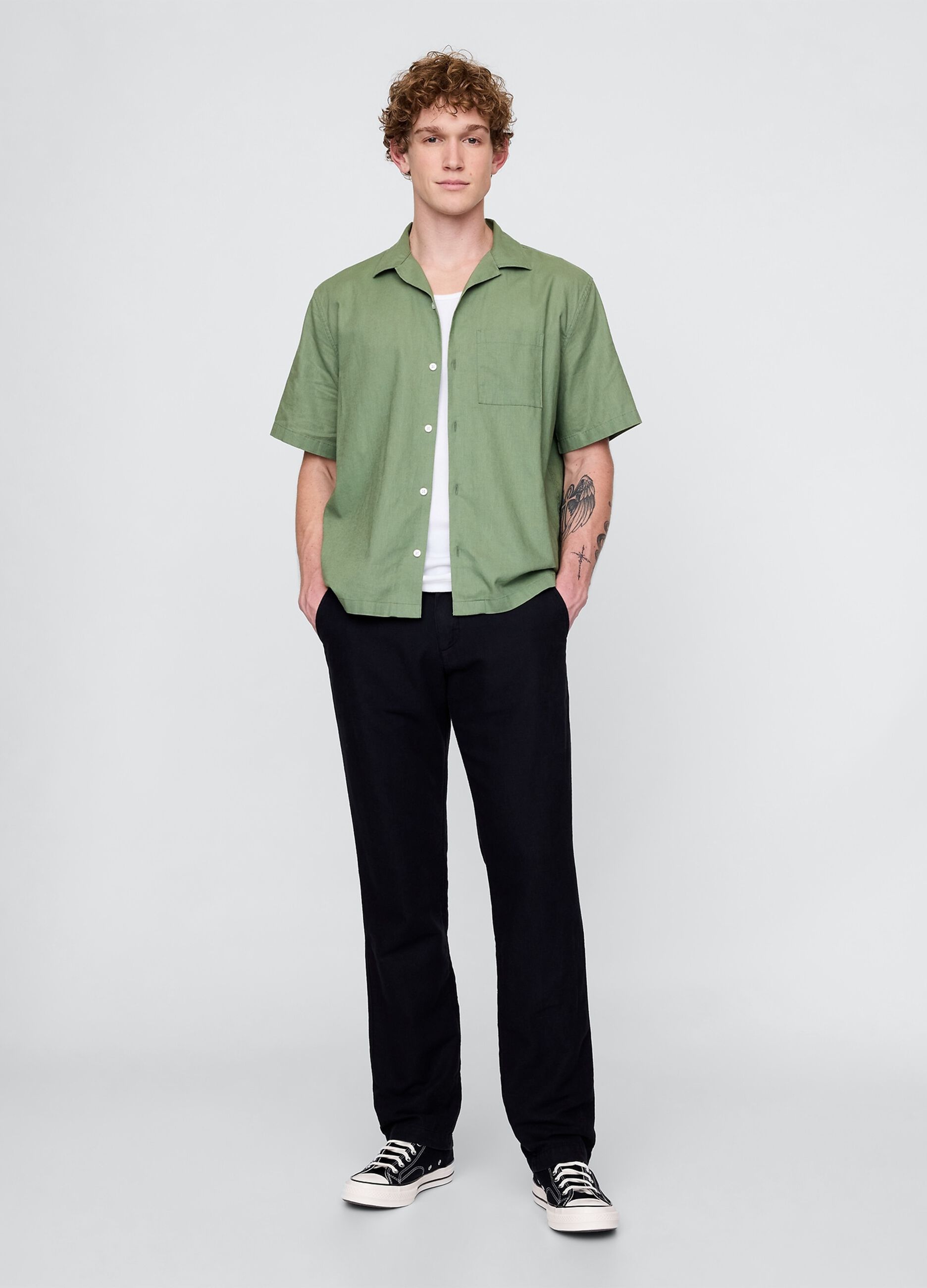 Camicia verde a maniche corte in lino e cotone_1