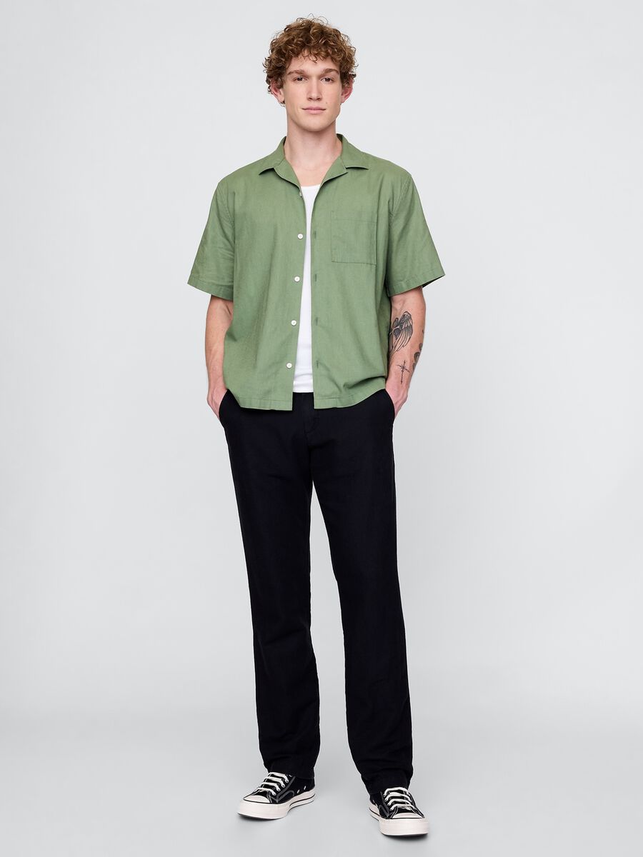 Camicia verde a maniche corte in lino e cotone Uomo_1