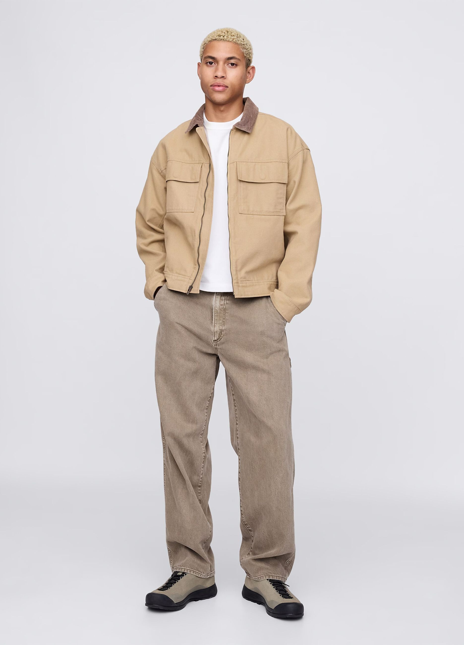 Jeans workwear a gamba larga beige