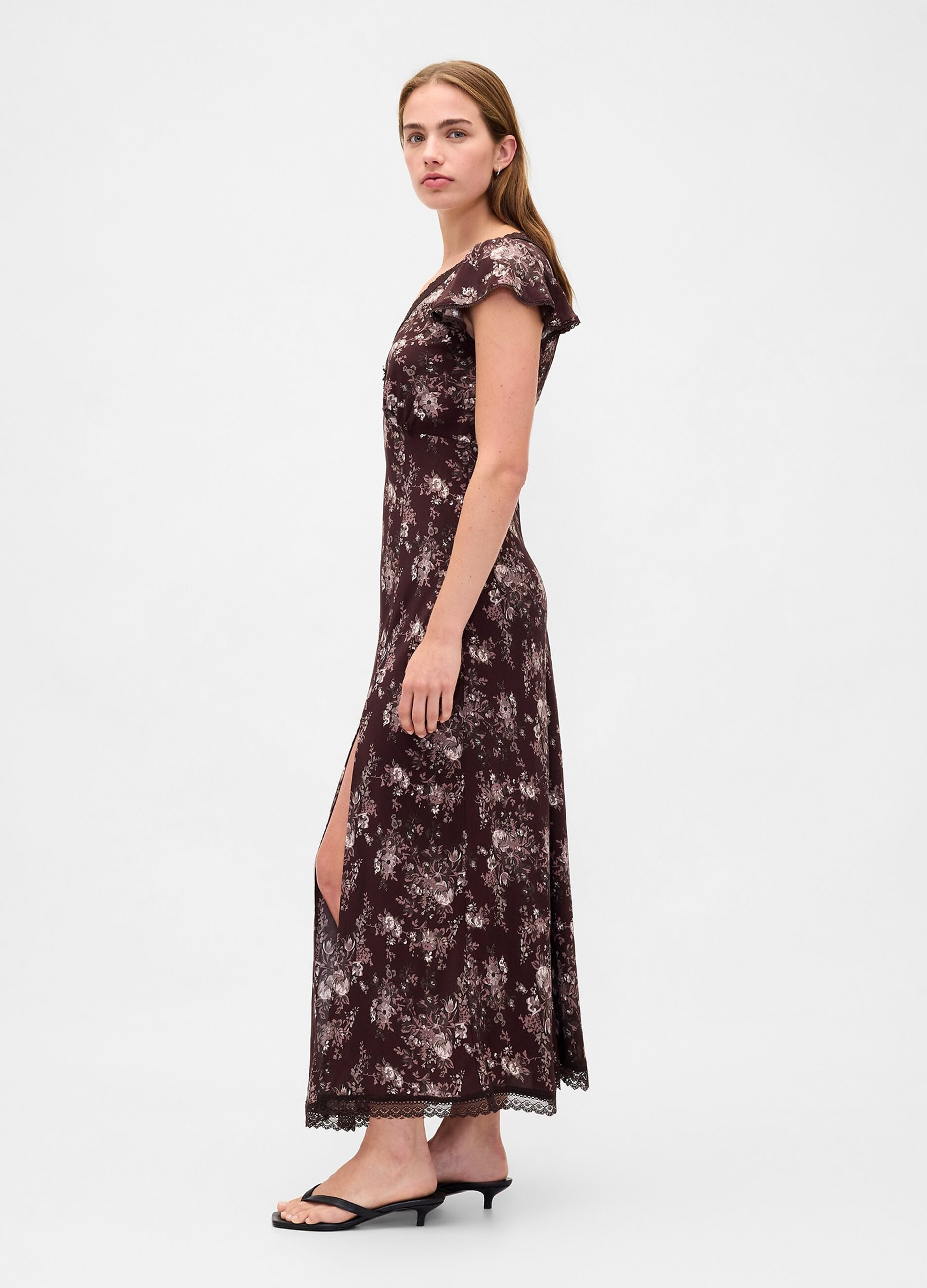 Brown pure viscose dress with floral print
