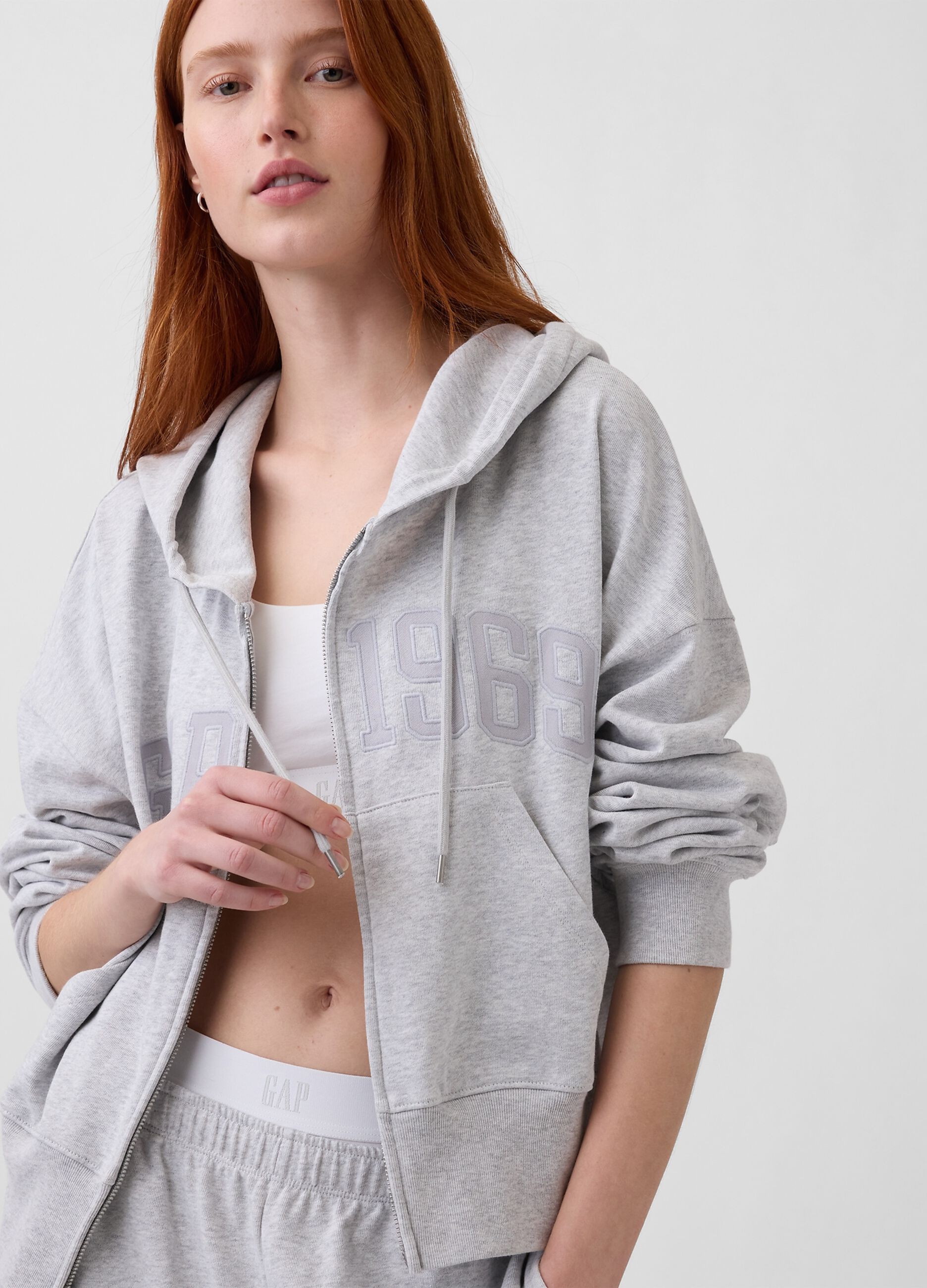 Regular fit grey cotton blend hoodie with zip