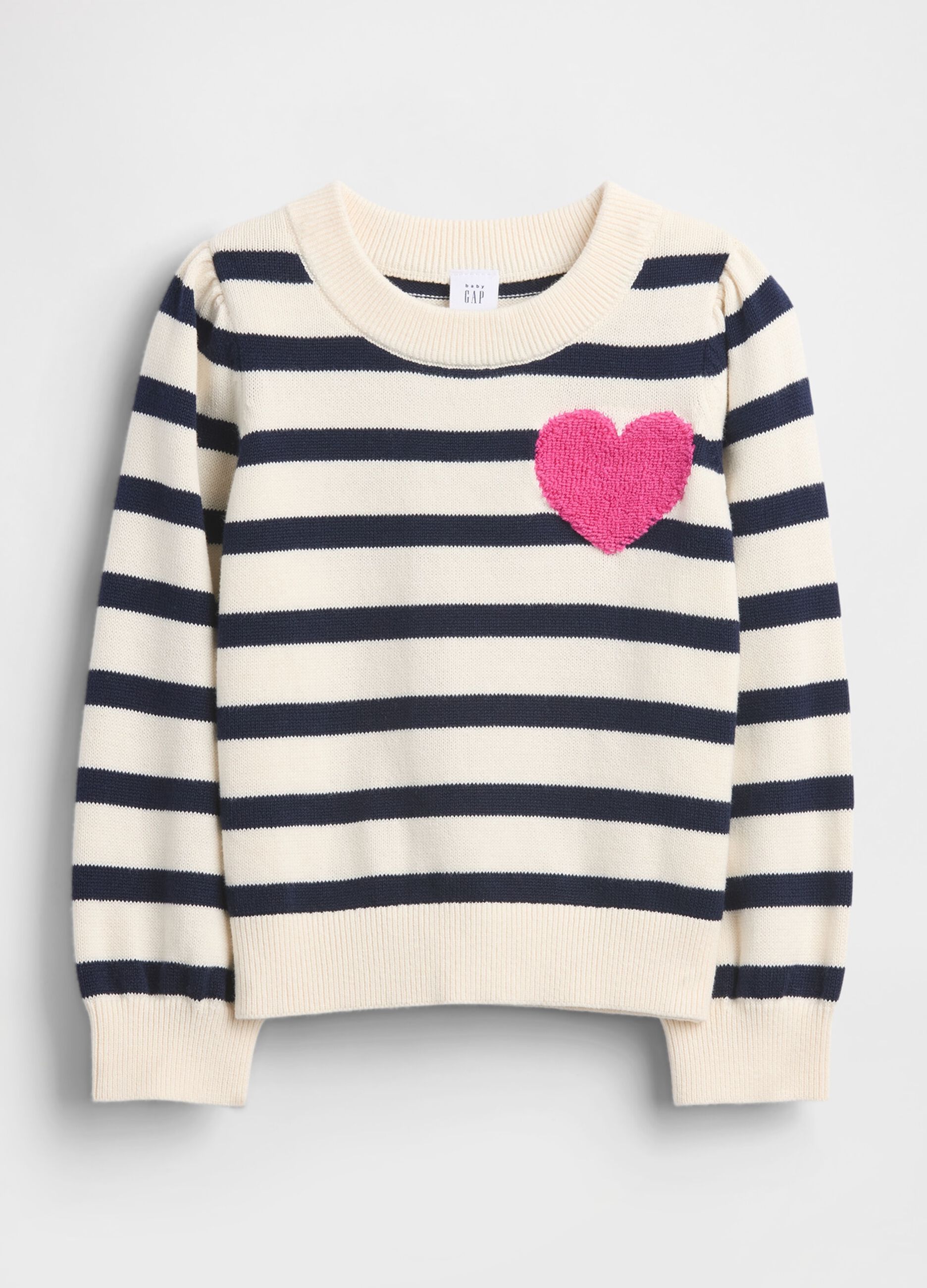 White and blue striped jumper with pink heart