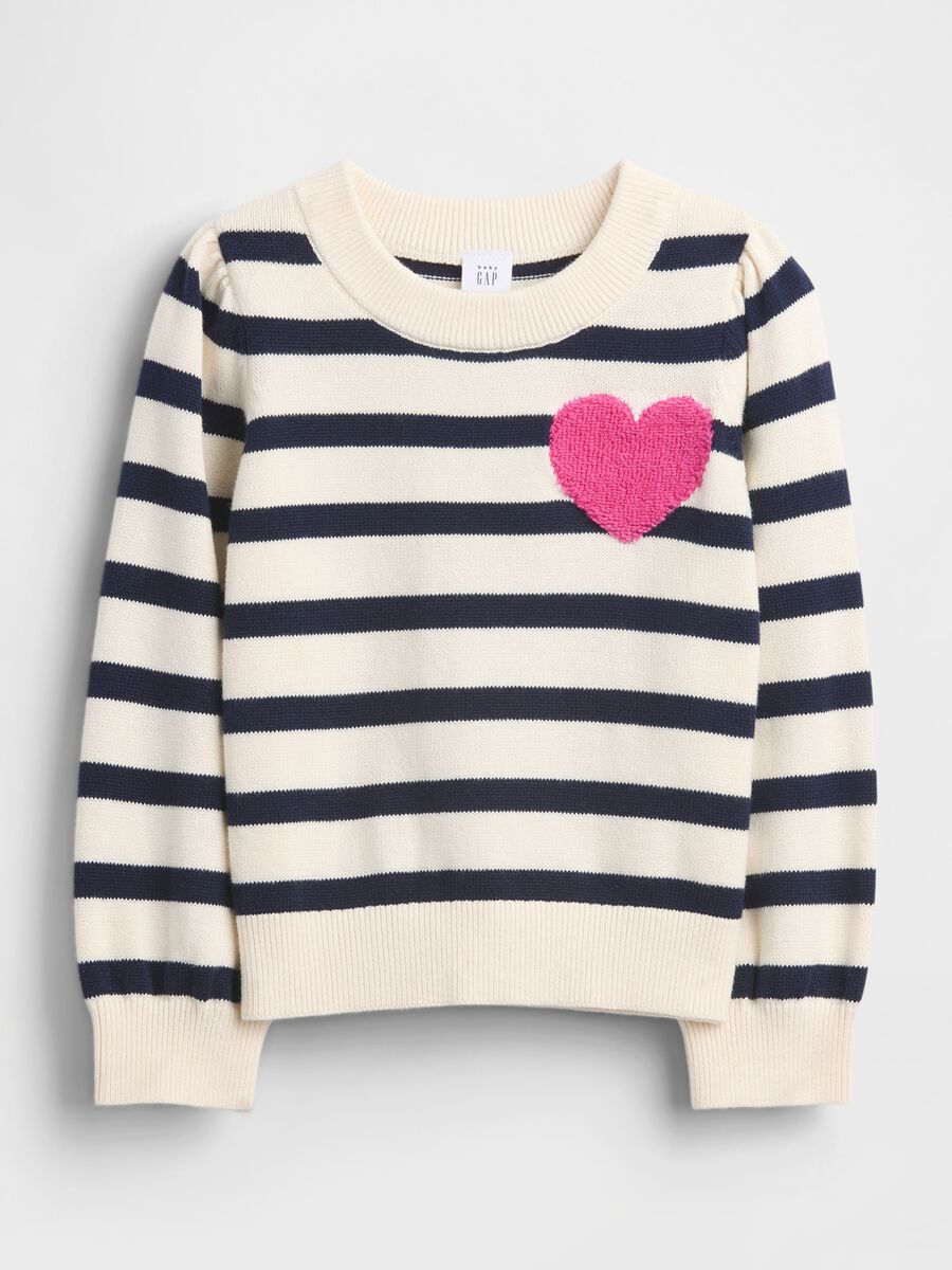Maglione a righe bianche e blu con cuore rosa Bimba_0