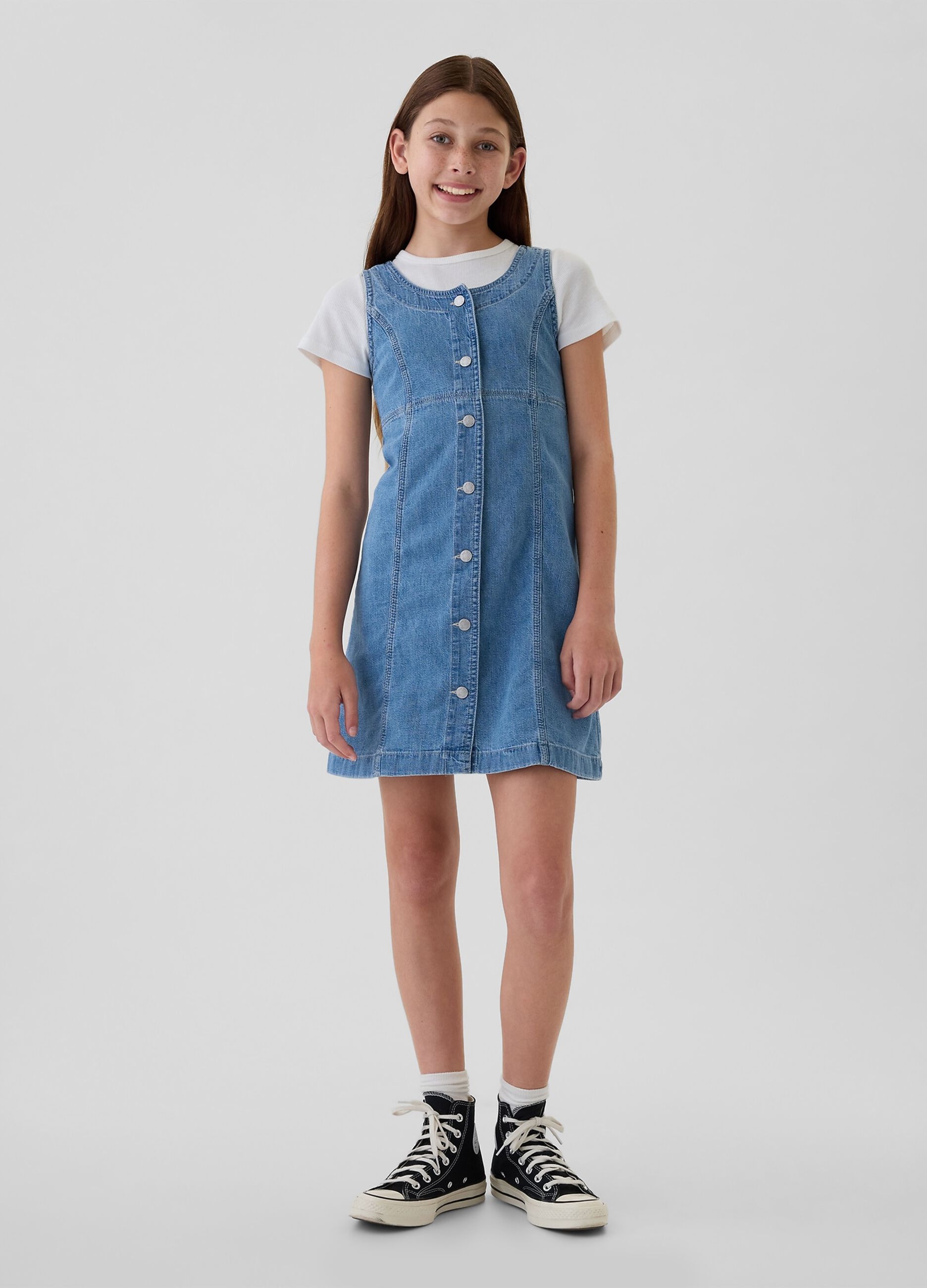 Vestito corto smanicato in denim con bottoni