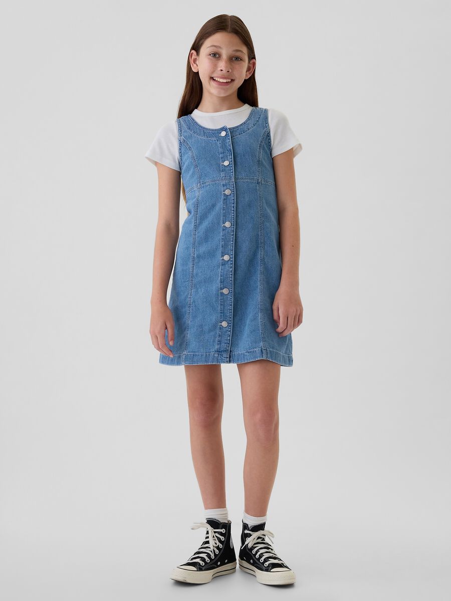 Vestito corto smanicato in denim con bottoni Bambina_0