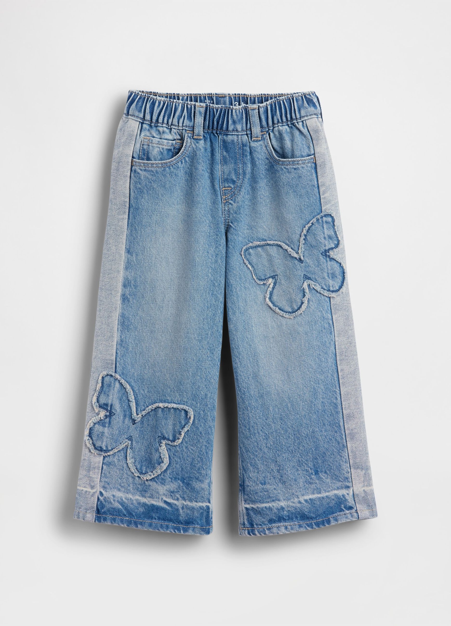 Pantaloni in puro cotone denim blu da neonata relaxed fit con farfalle