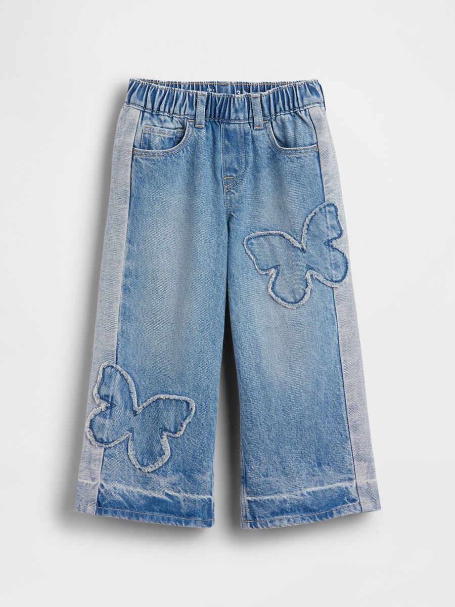 Pantaloni in puro cotone denim blu da neonata relaxed fit con farfalle Bambina_1