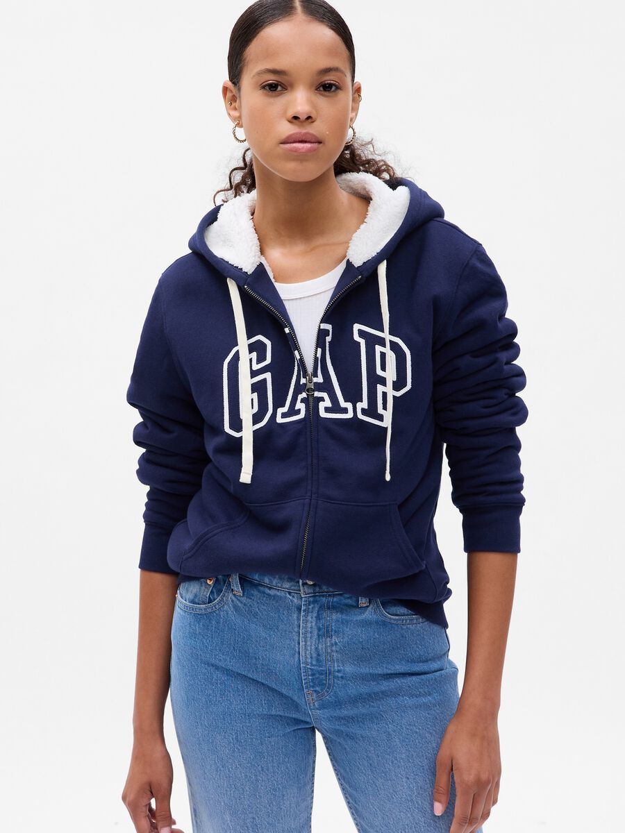 Full-zip sweatshirt with sherpa hood and lining Woman_0