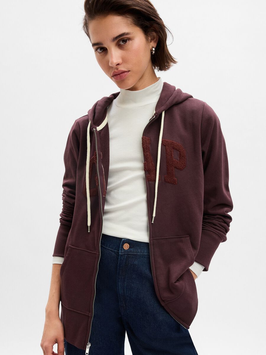 Full-zip sweatshirt in French terry with bouclé logo application Woman_0