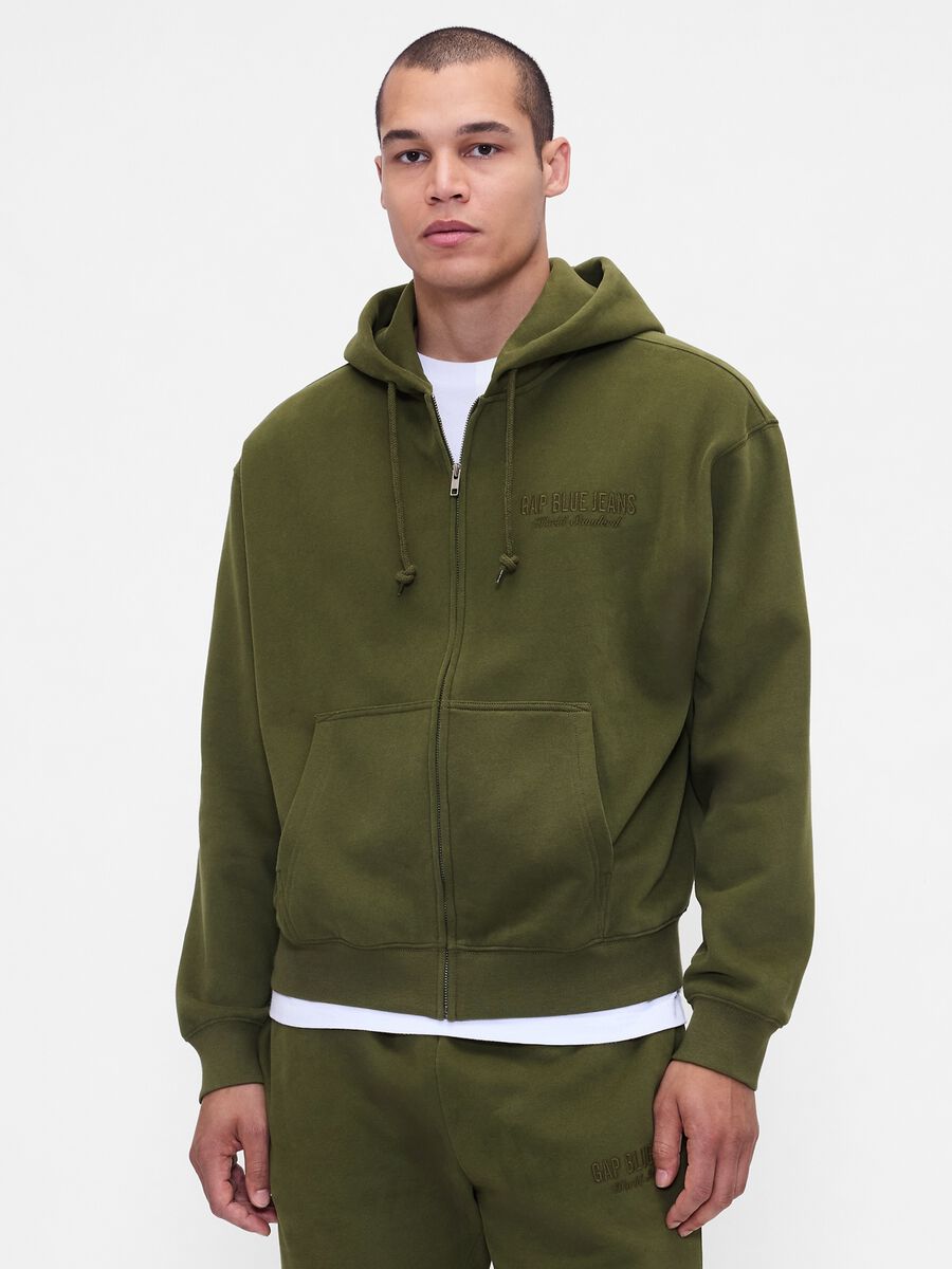 Felpa verde con cappuccio e zip intera Uomo_0