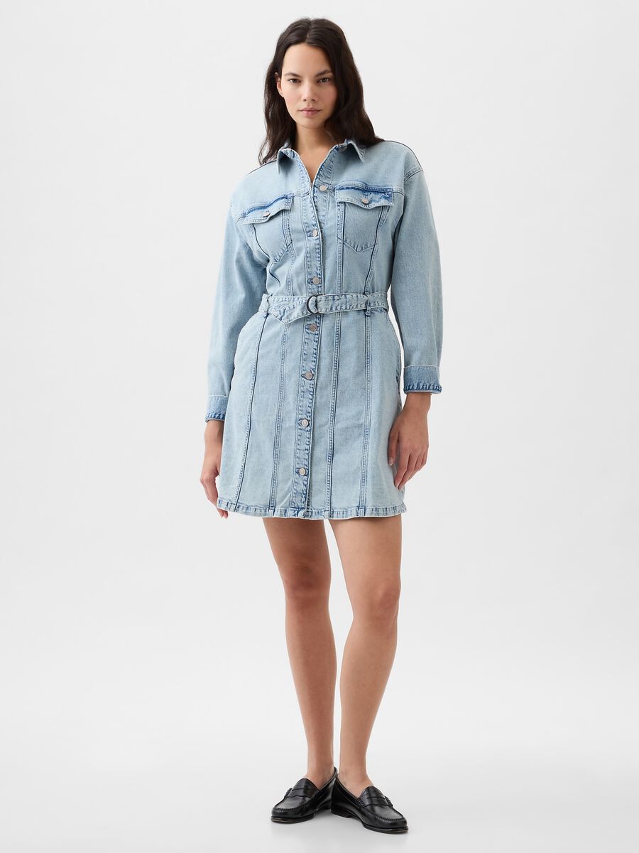 Vestito corto chemisier in denim con cintura Donna_3