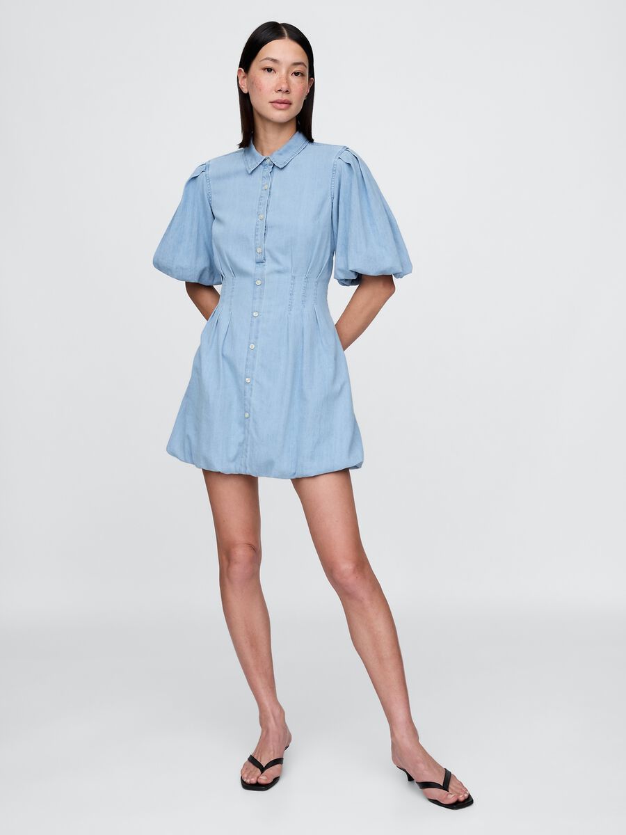 Blue cotton dress with puff sleeves Woman_0