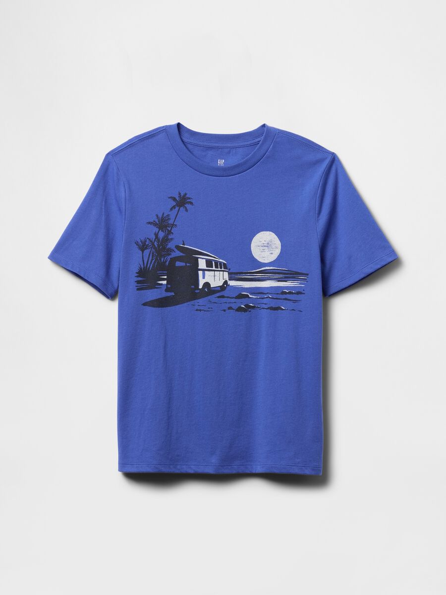 T-shirt blu con stampa di furgone e palma sotto la luna Boy_0