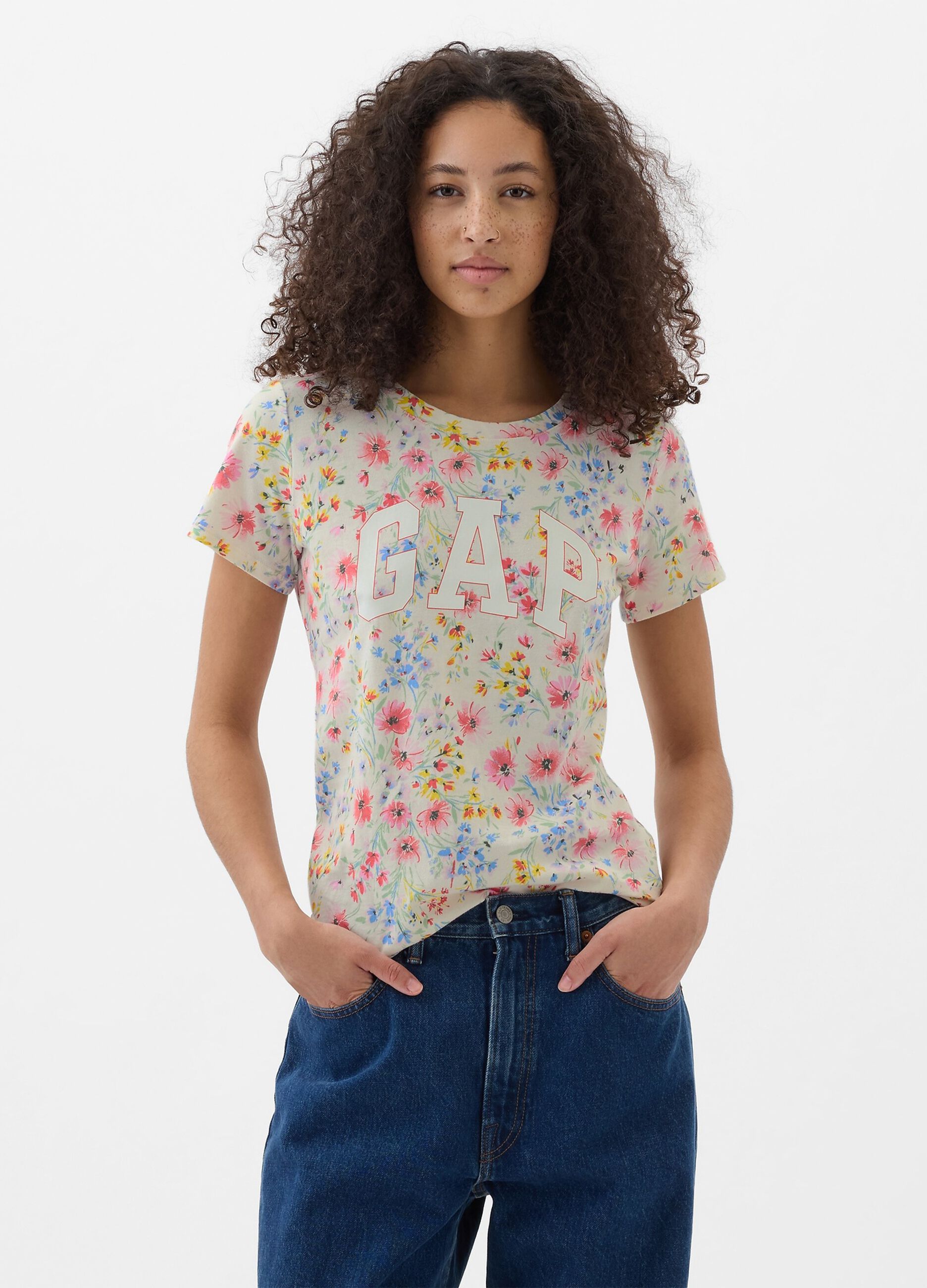 T-shirt floreale con stampa logo