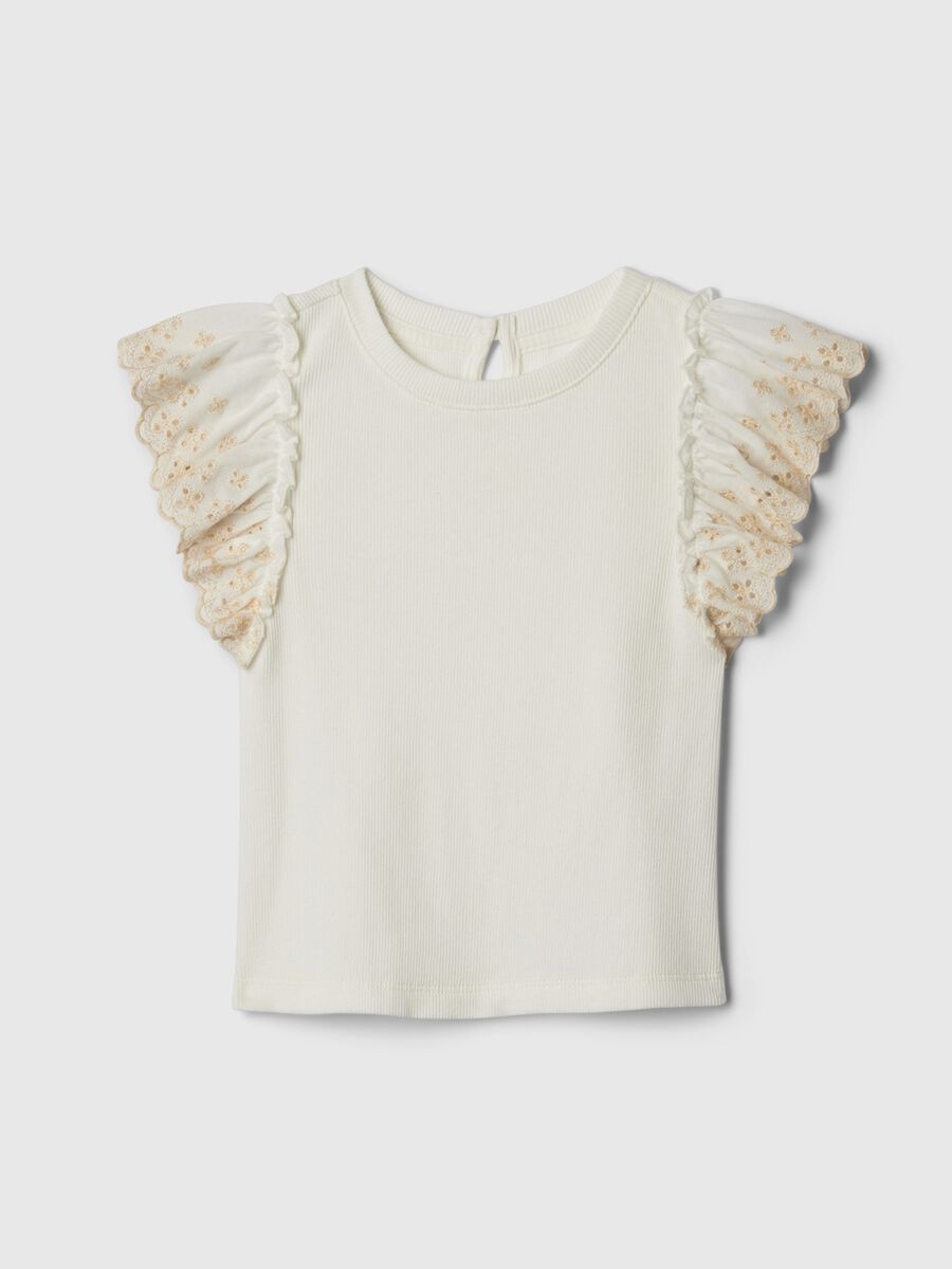 Ribbed T-shirt with flounce in broderie anglaise Girl_0