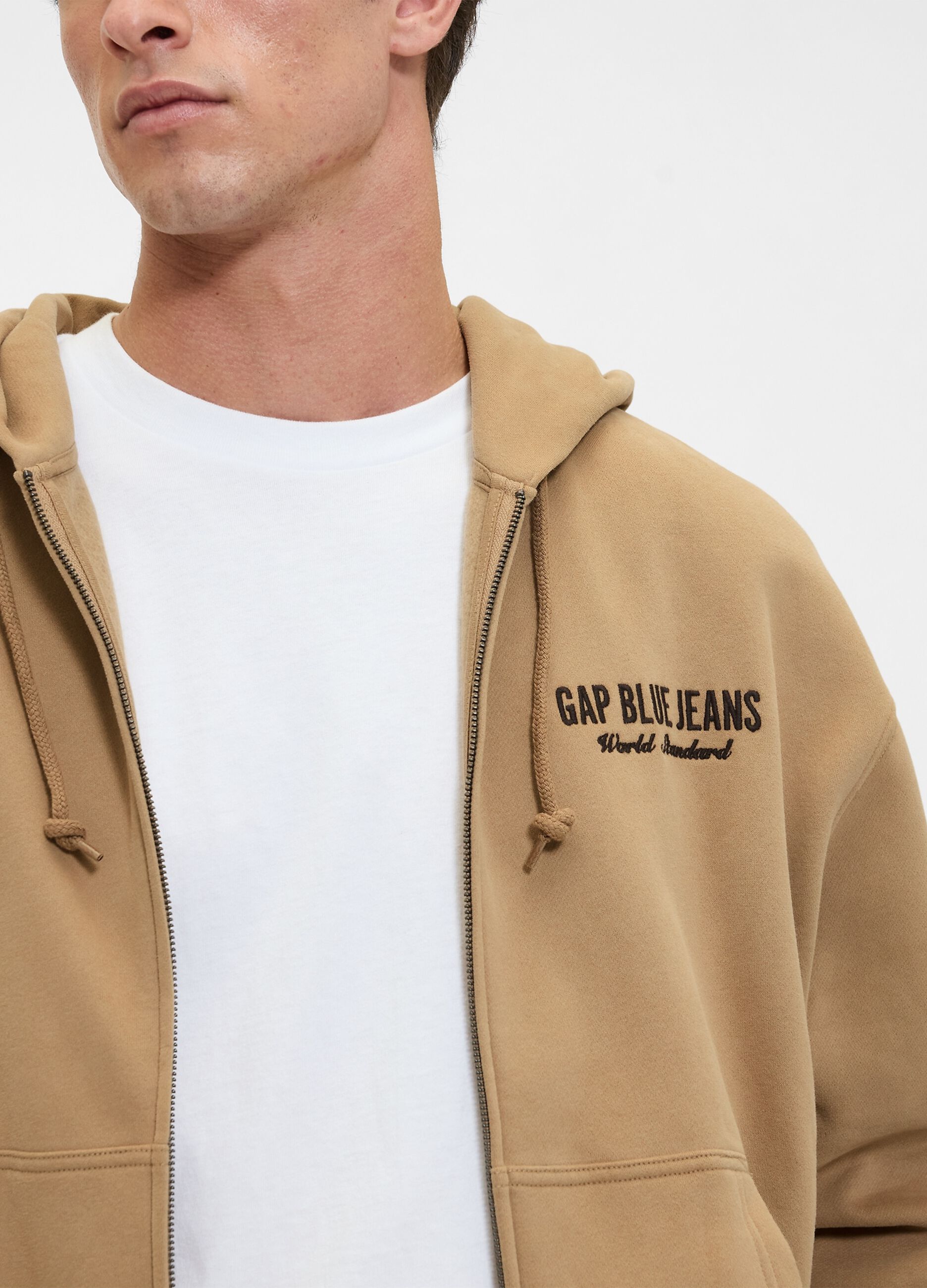 Felpa beige con cappuccio e zip integrale_2