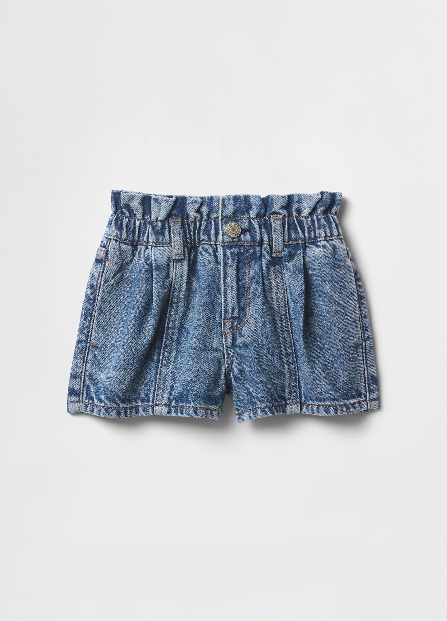 Shorts in denim con dettagli a pieghe per bambina_1