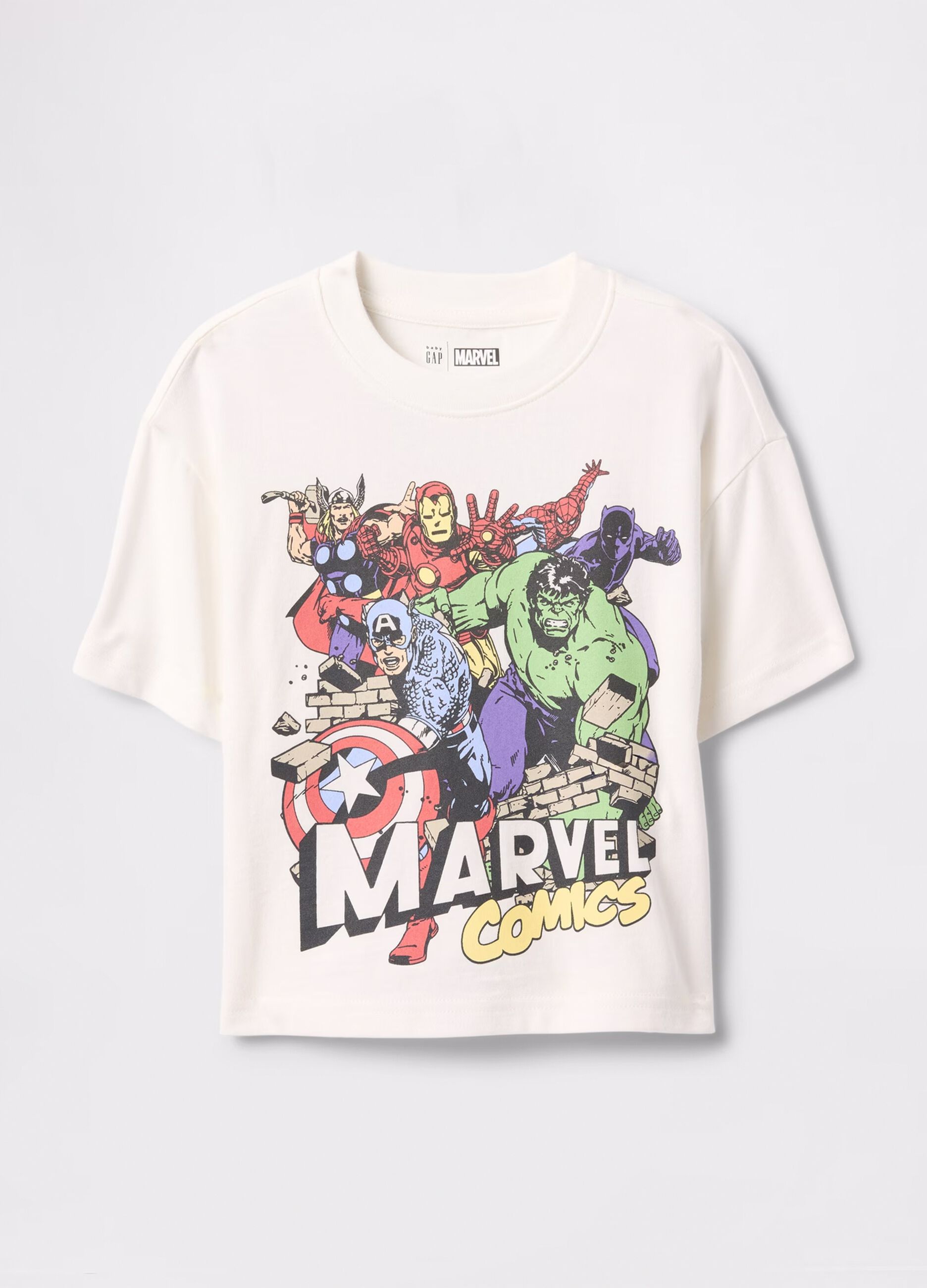 T-shirt bianca in cotone con stampa supereroi