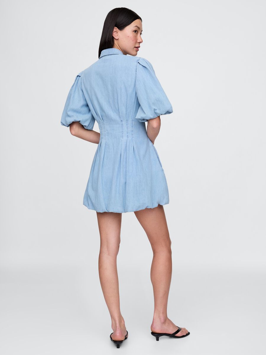 Blue cotton dress with puff sleeves Woman_1