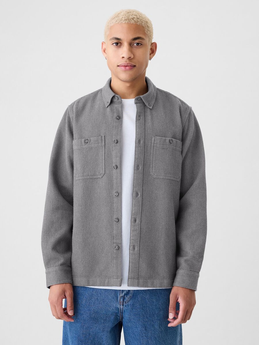Camicia button-down con trama waffle Uomo_0