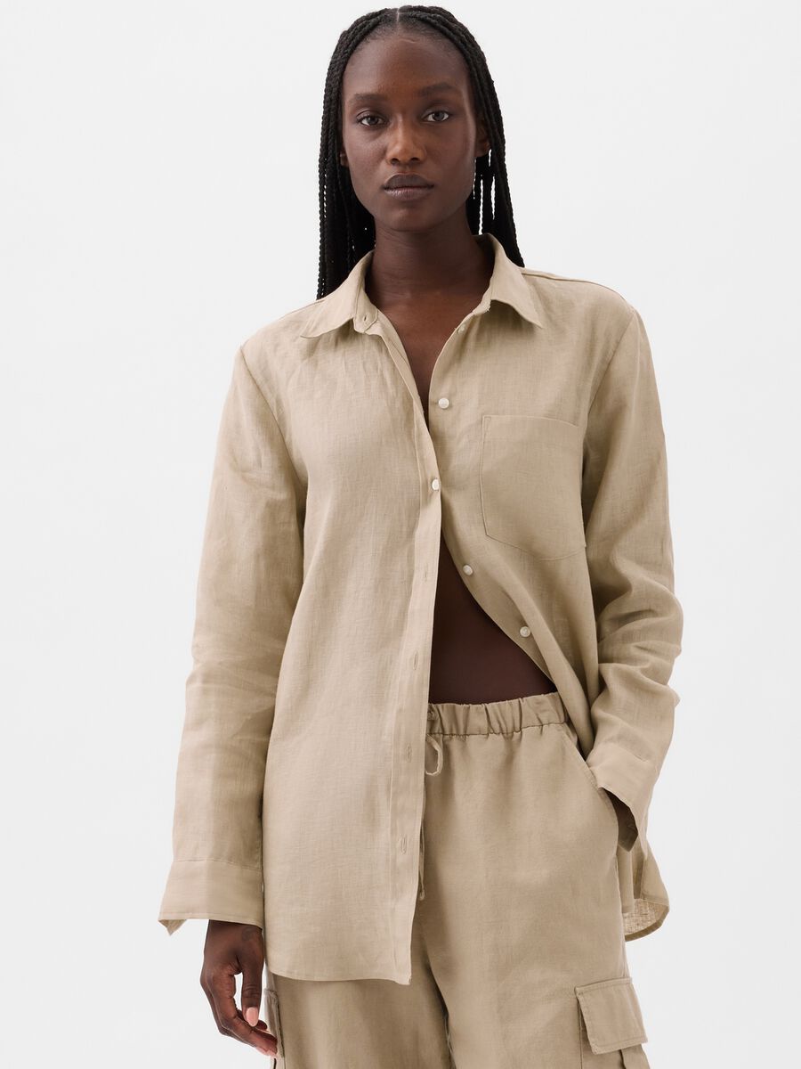Camicia boyfriend fit in lino con tasca Donna_0