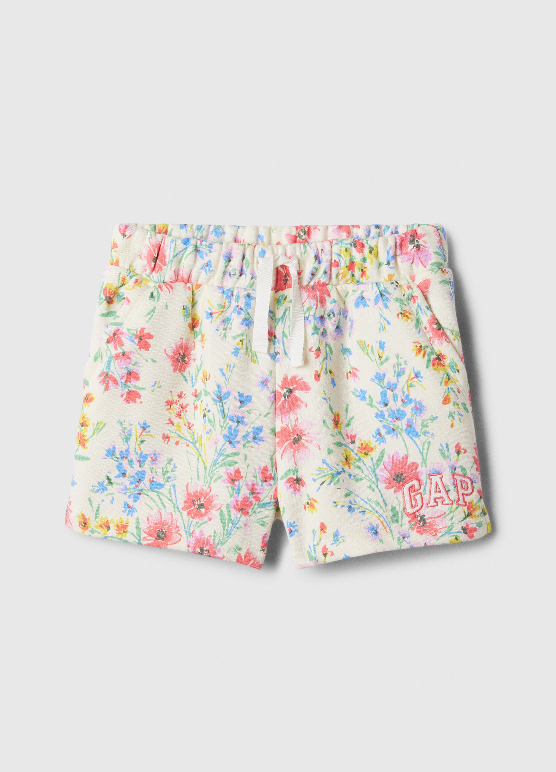 Shorts in felpa floreale con ricamo logo
