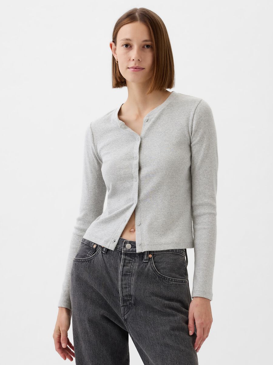 Long-sleeved T-shirt with ribbing and buttons Woman_0