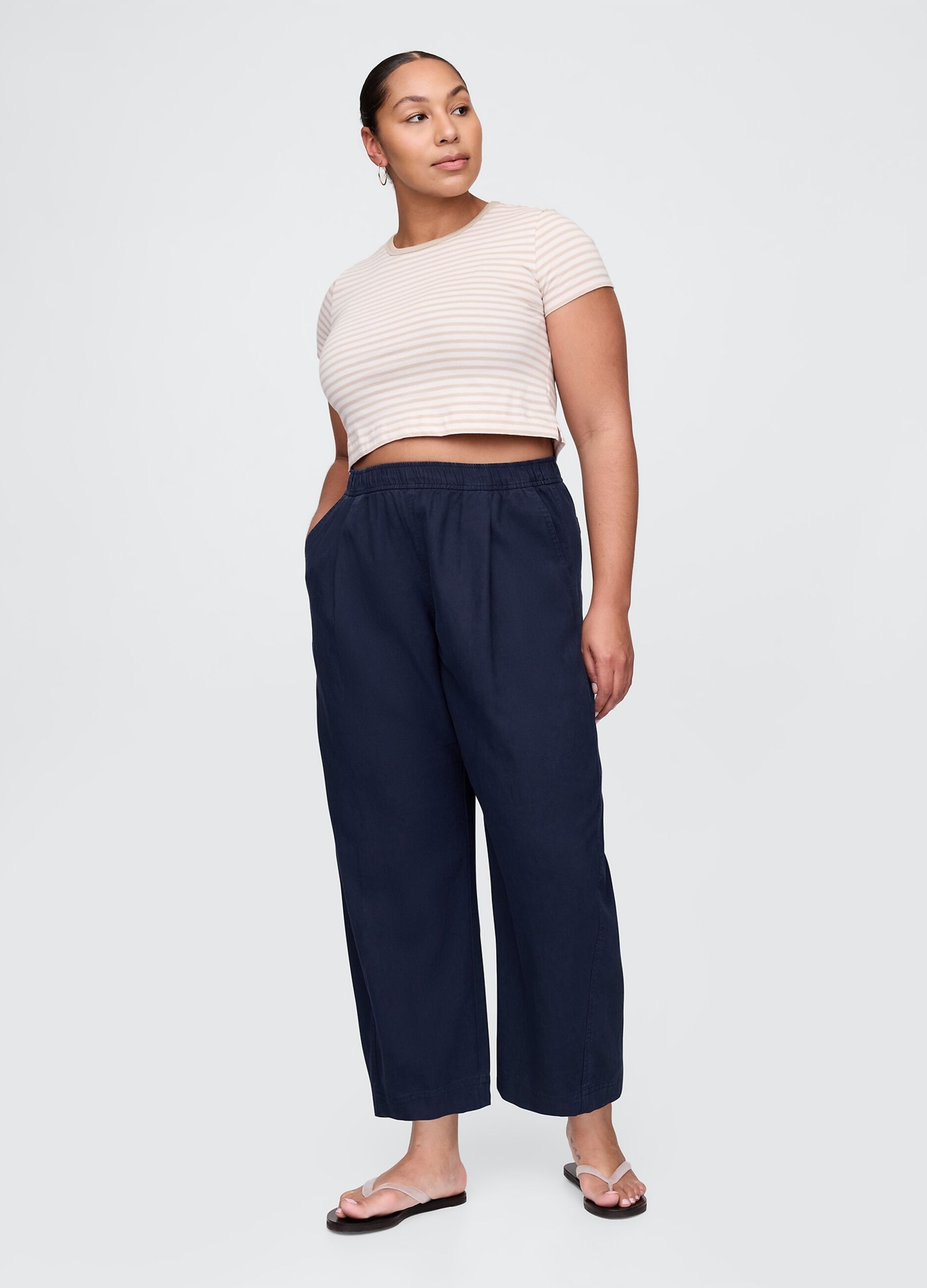 Pantaloni ampi blu in lino e viscosa_4