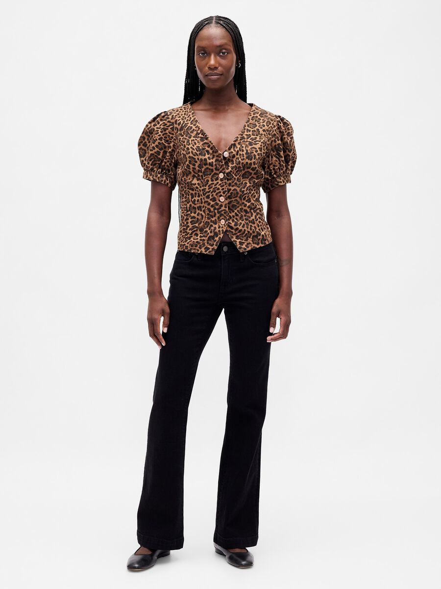 Camicia marrone con stampa leopardata a maniche corte Donna_0
