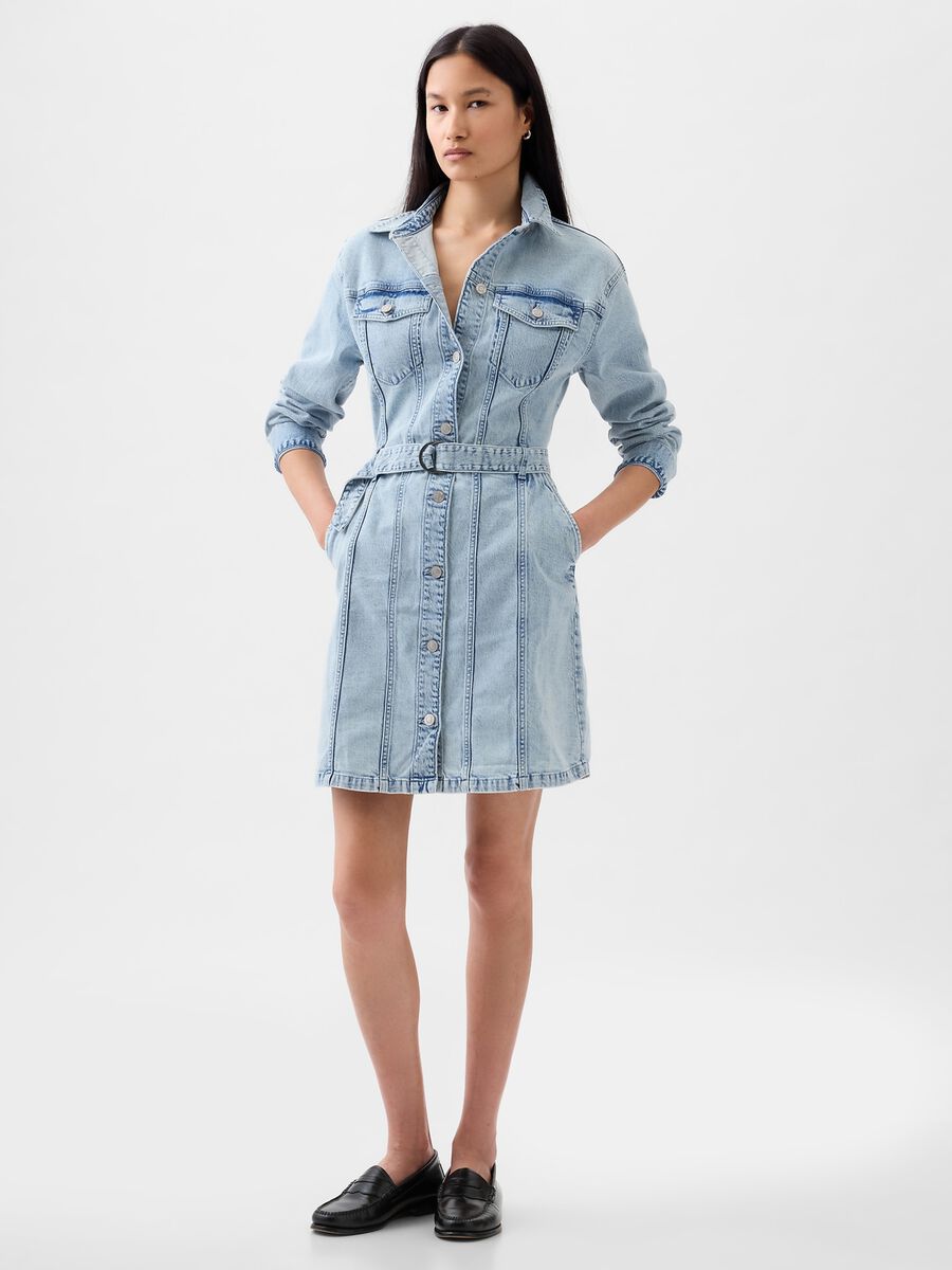 Vestito corto chemisier in denim con cintura Donna_0