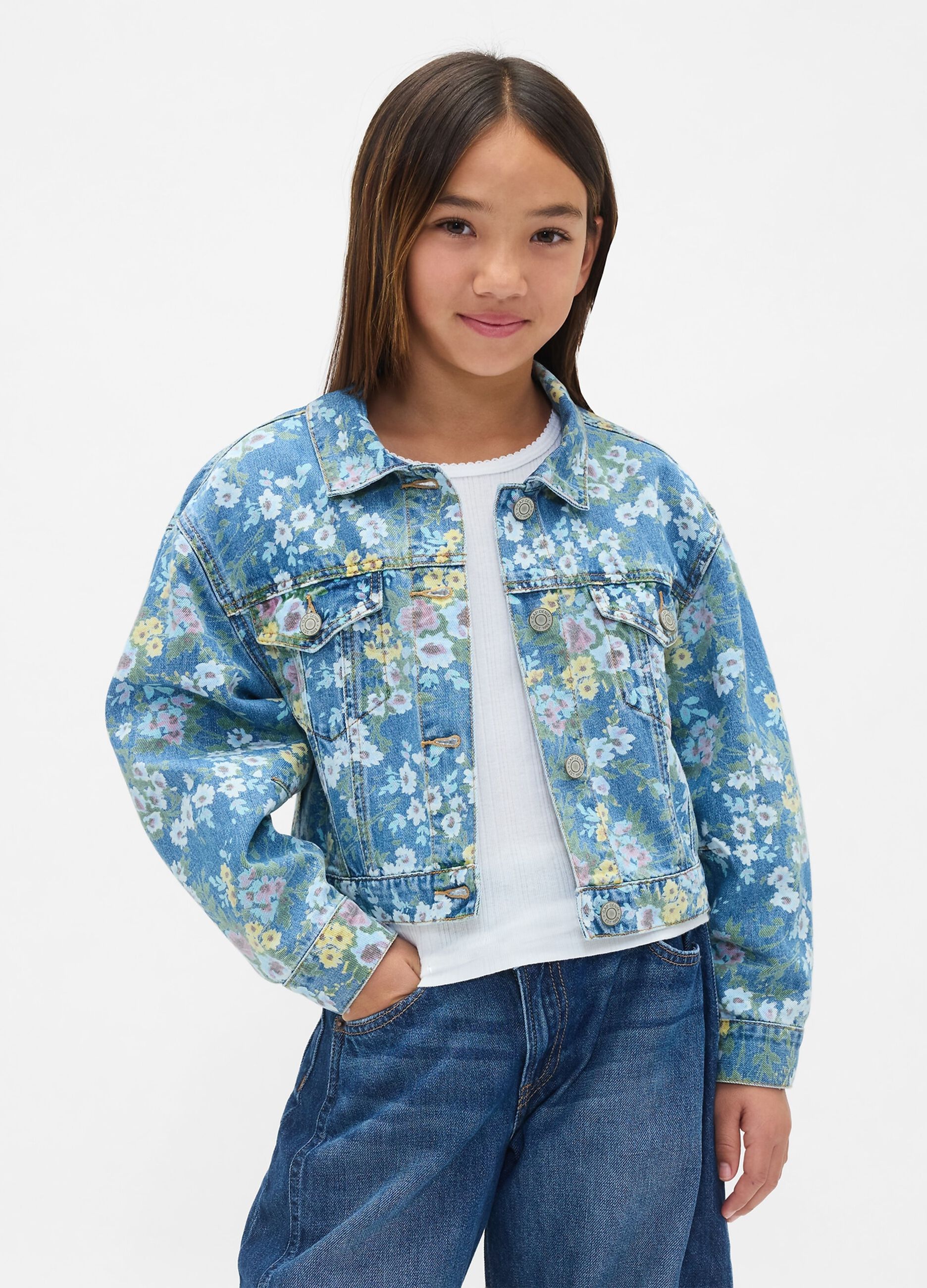 Giacca denim multicolor con fiori_1