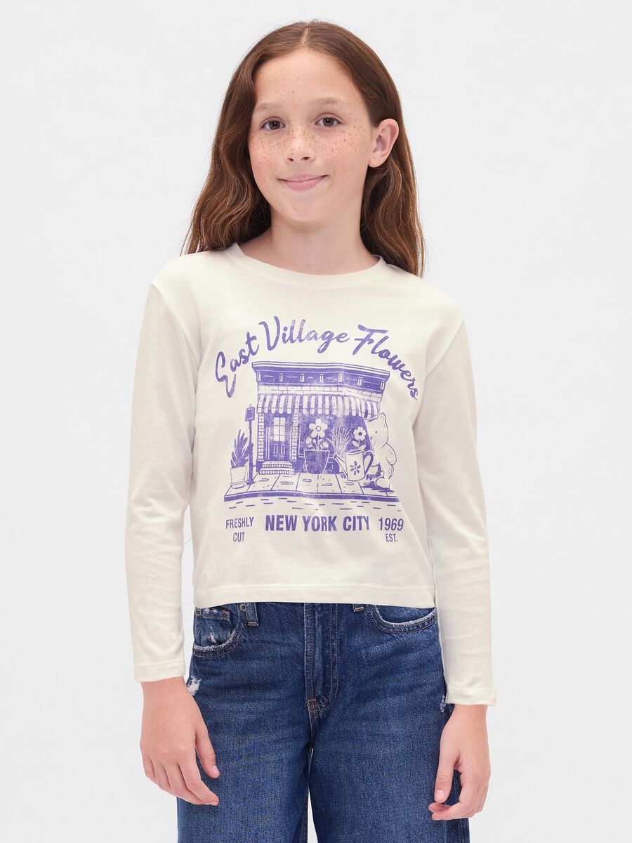 T-shirt bianca a maniche lunghe con stampe Bambina_0