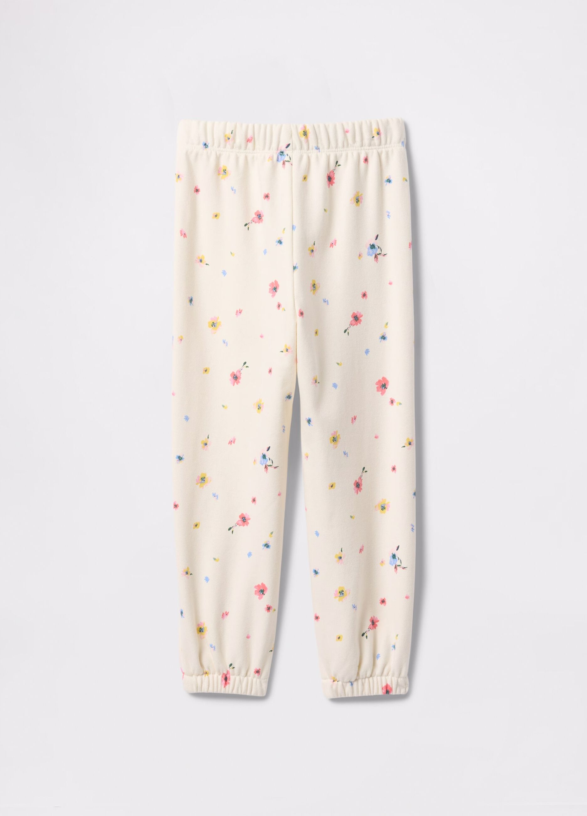 Joggers bianchi con coulisse stampa fiori e ricamo logo_1