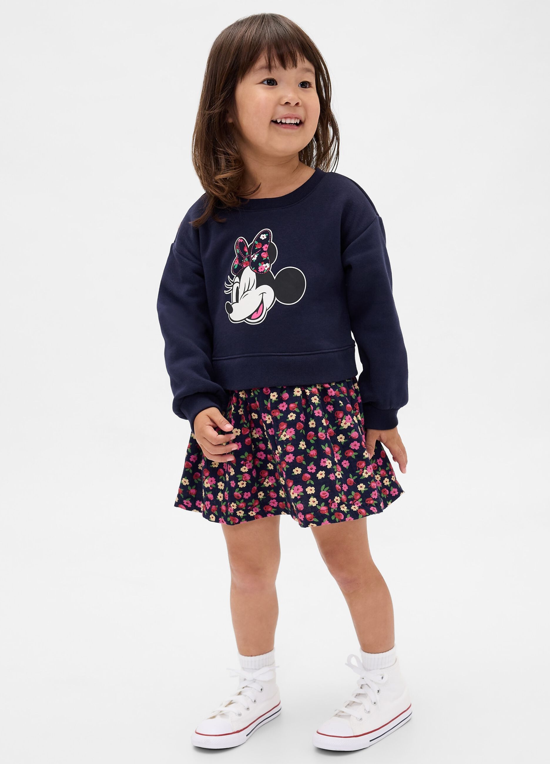 Vestito blu con stampa Minnie e gonna floreale