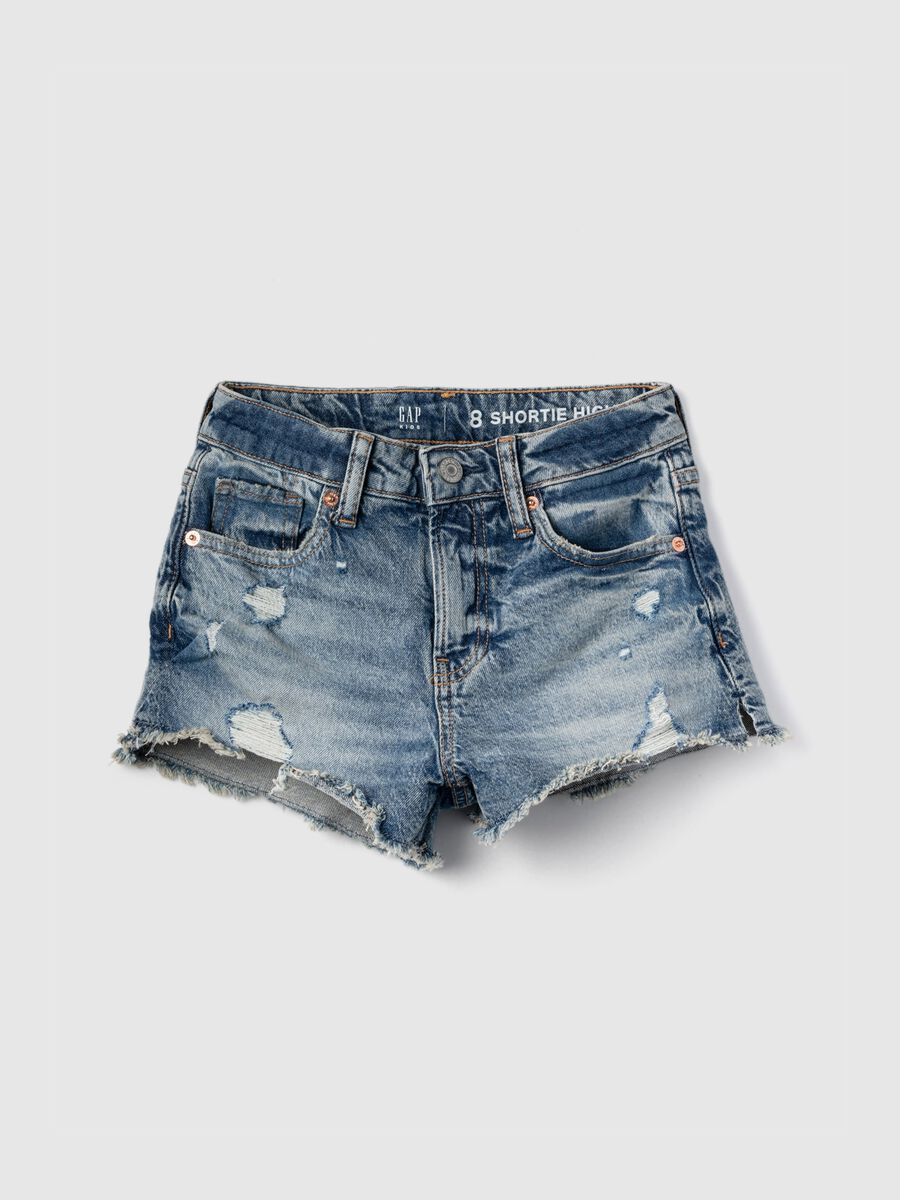 High-rise shorts with abrasions in denim Girl_0
