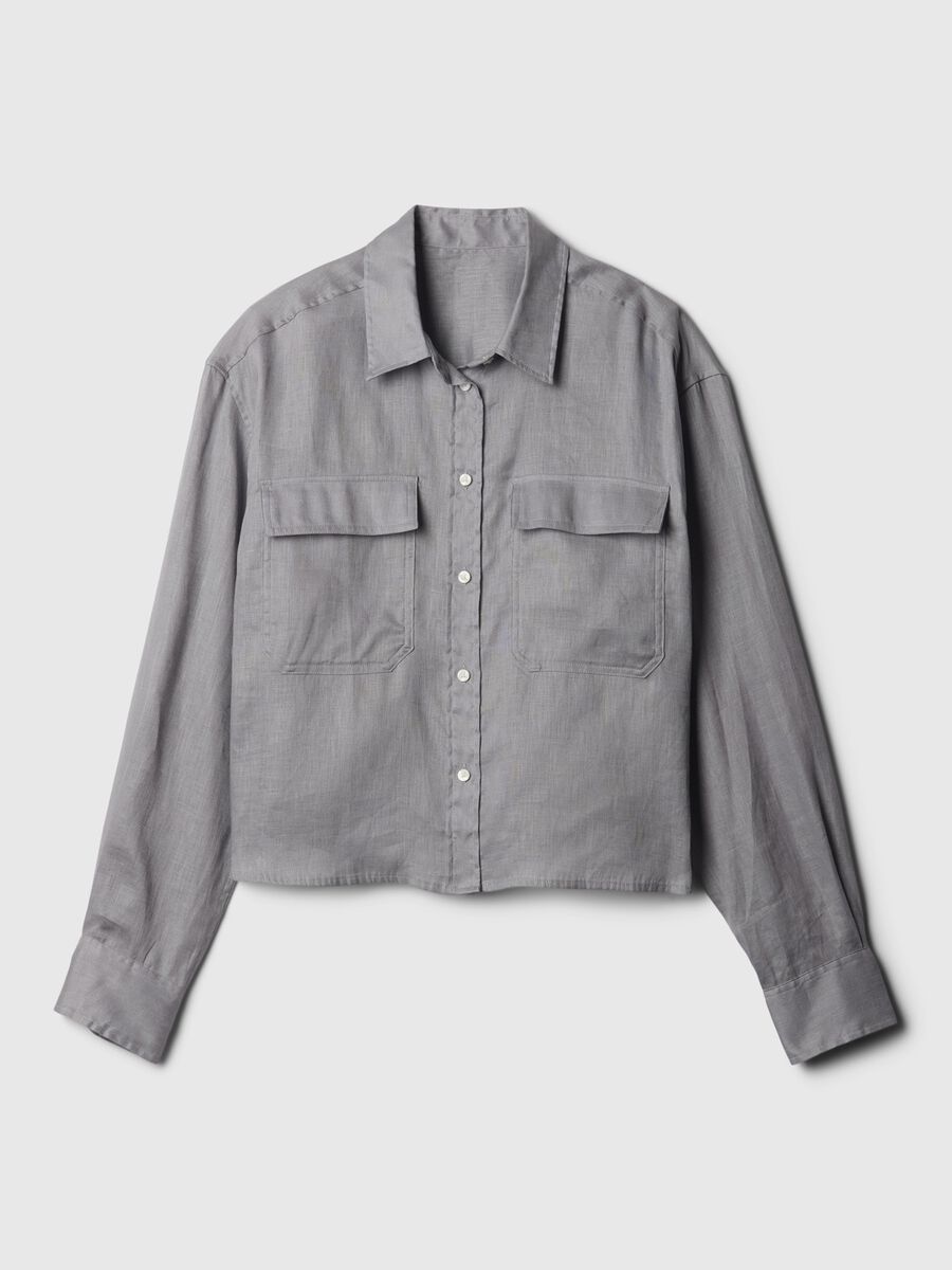 Camicia crop in lino con tasche Donna_3